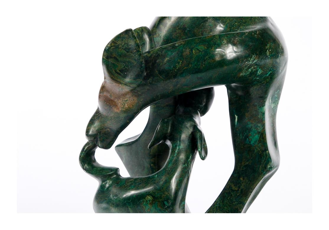 Hand-Carved C. Danda, Modern Carved Green Stone Sculpture of a Doe with Her Fawn For Sale