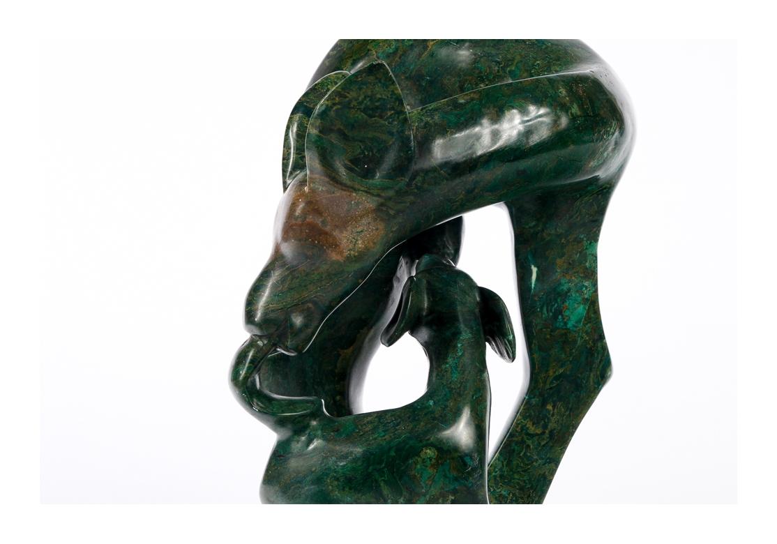 20th Century C. Danda, Modern Carved Green Stone Sculpture of a Doe with Her Fawn For Sale