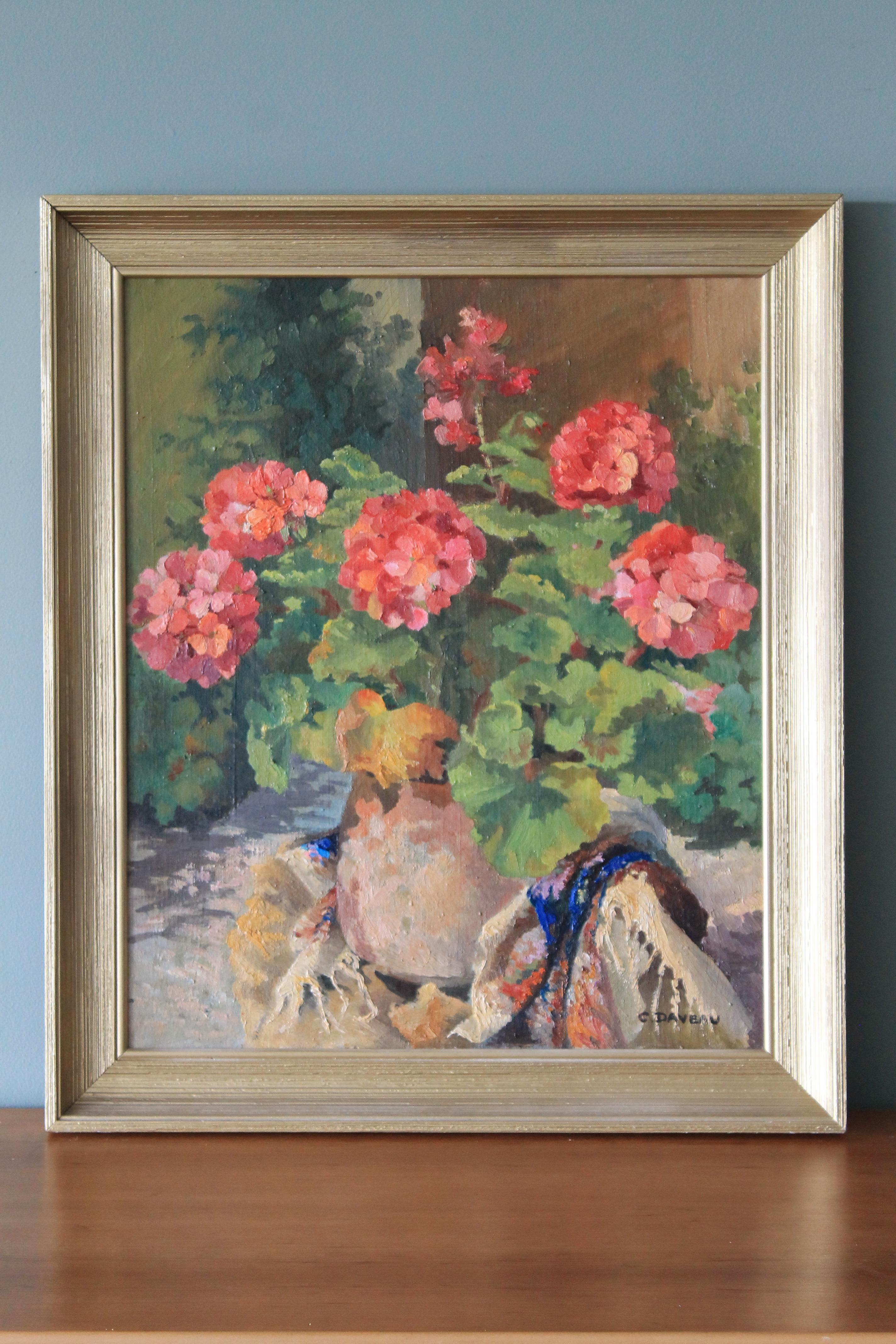 Vintage geranium oil painting, floral still life, flowers - Painting by c. daveau