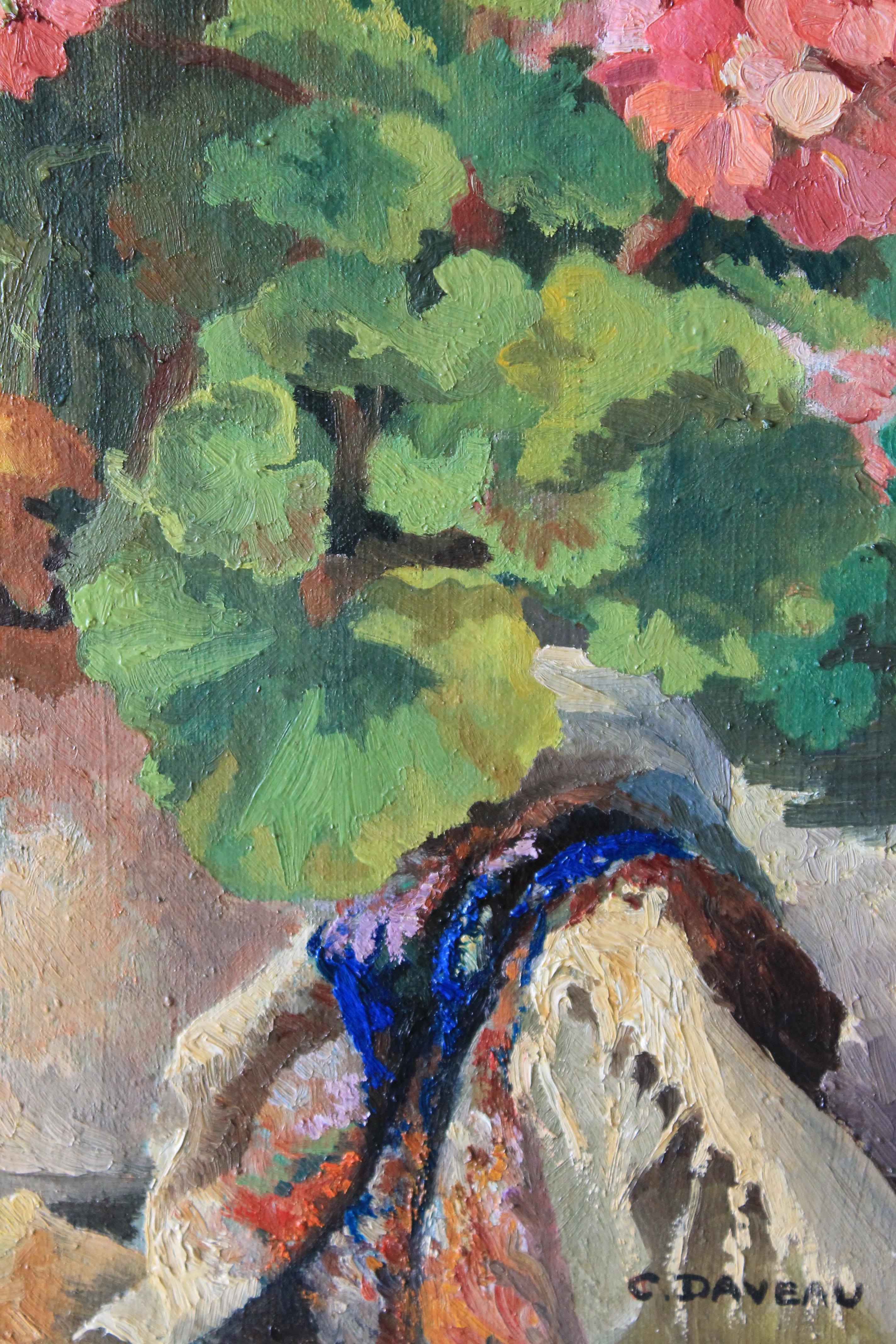 Vintage geranium oil painting, floral still life, flowers - Post-Impressionist Painting by c. daveau