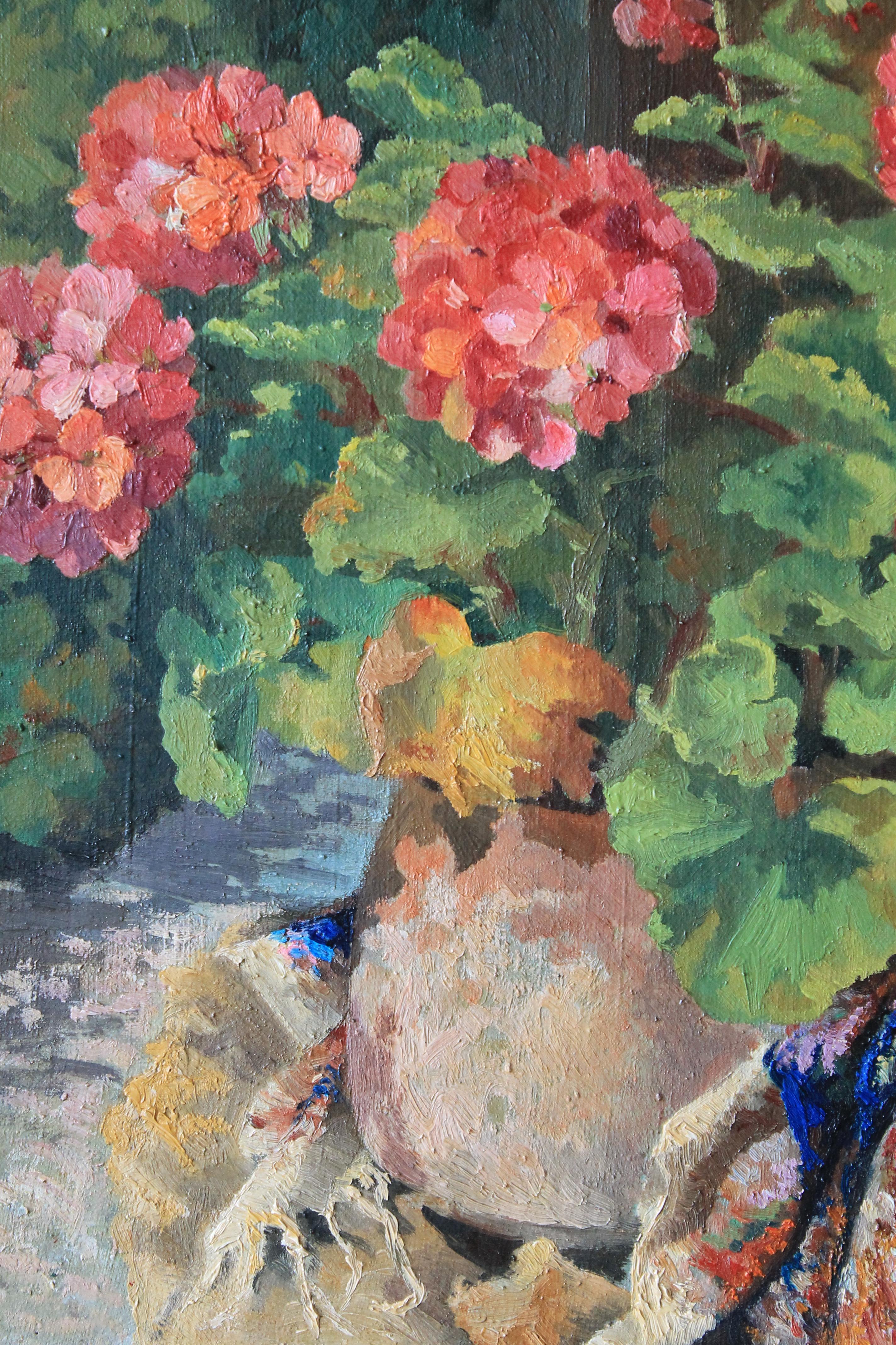 c. daveau Still-Life Painting - Vintage geranium oil painting, floral still life, flowers