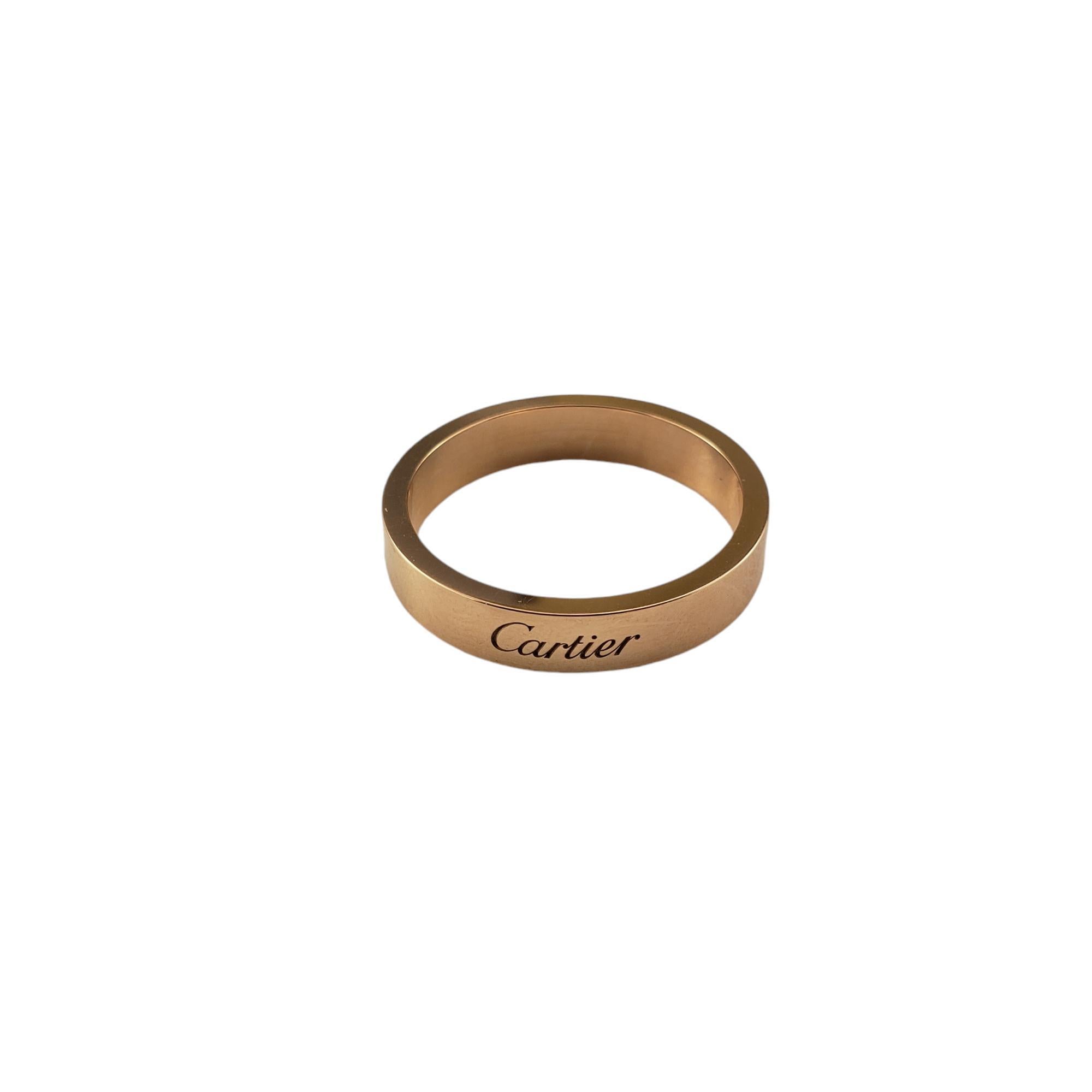 C De Cartier 18 Karat Rose Gold Band Ring Size 8.5 (58)

This elegant band by Cartier is crafted in classic 18K rose gold.  

Width: 4 mm.

Hallmark:  Cartier 58  AU750

Ring Size: 8.5 

Weight:   3.7 dwt. / 5.7 gr.

Comes with original Cartier