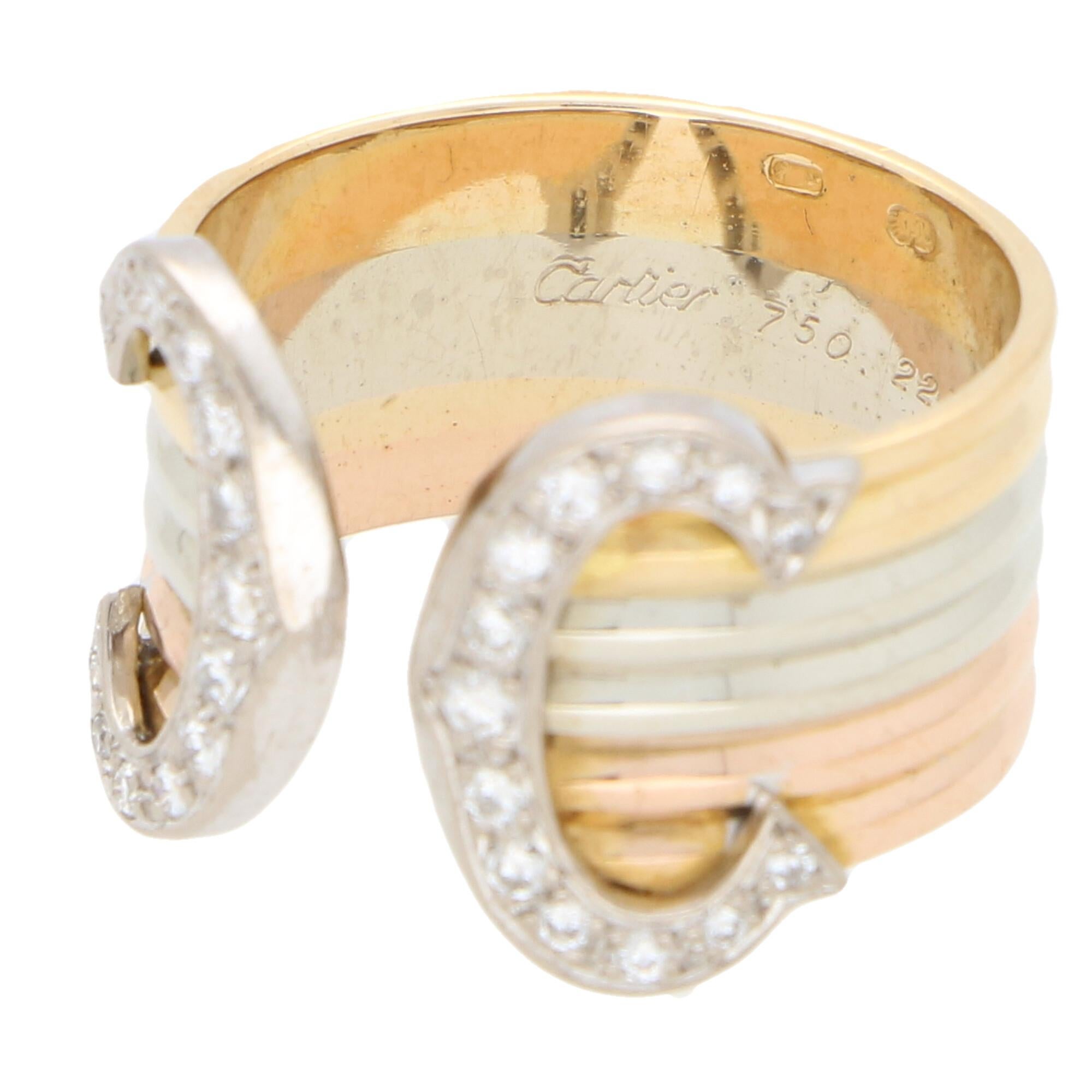 C de Cartier Diamond Trinity Band Ring Set in 18k Yellow, White and Rose Gold In Good Condition In London, GB