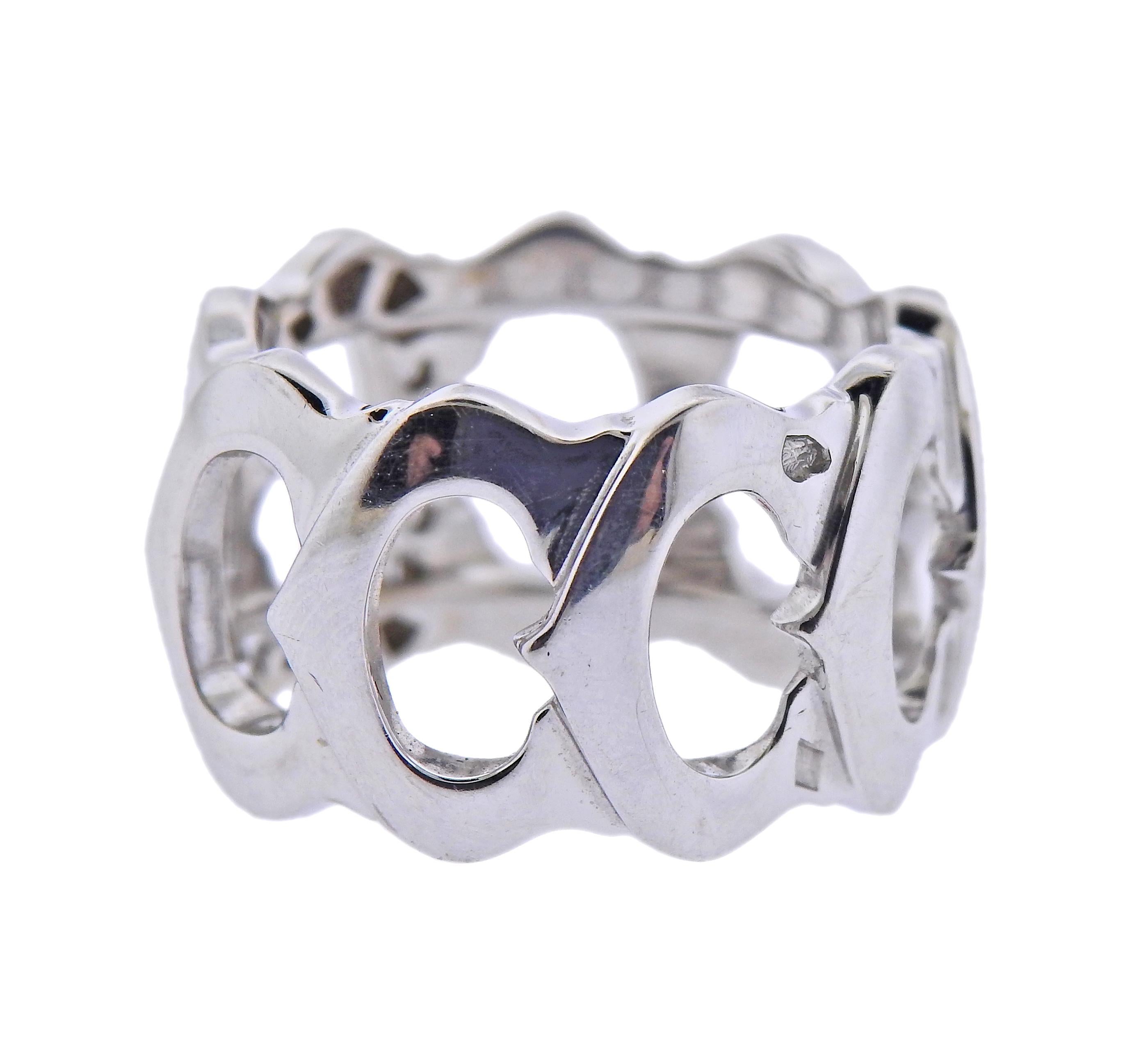 Classic C de Cartier 18k white gold wide band ring in size 6.5, ring is 13mm wide, with approx. 0.35ctw in diamonds. Marked: 823256, 52, Cartier, 750. Weight - 11.7 grams.