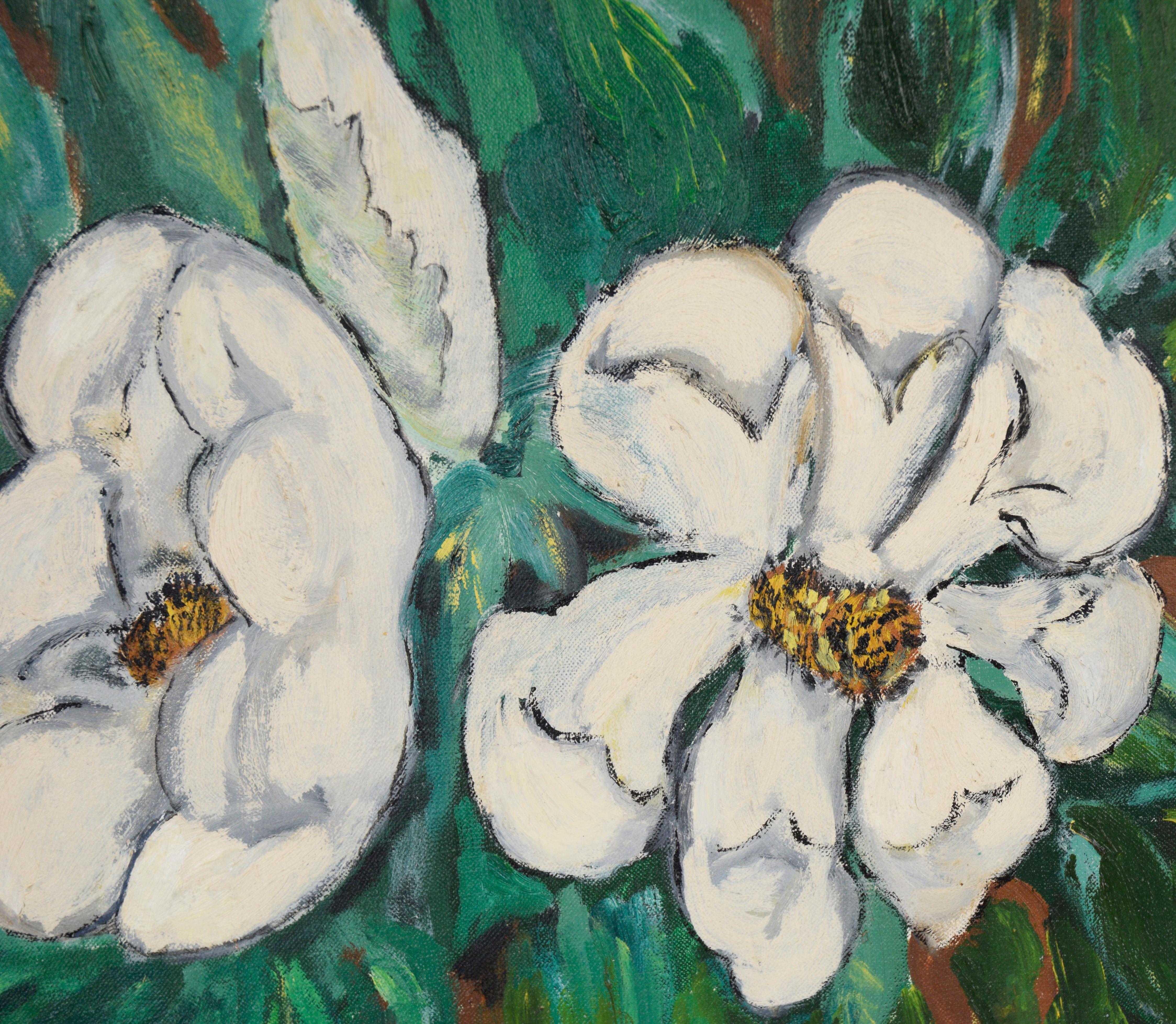 Peinture à l'huile originale moderniste du sud de Magnolia

De riches teintes de vert émeraude et des reflets jaunes doux encadrent les magnolias du Sud (