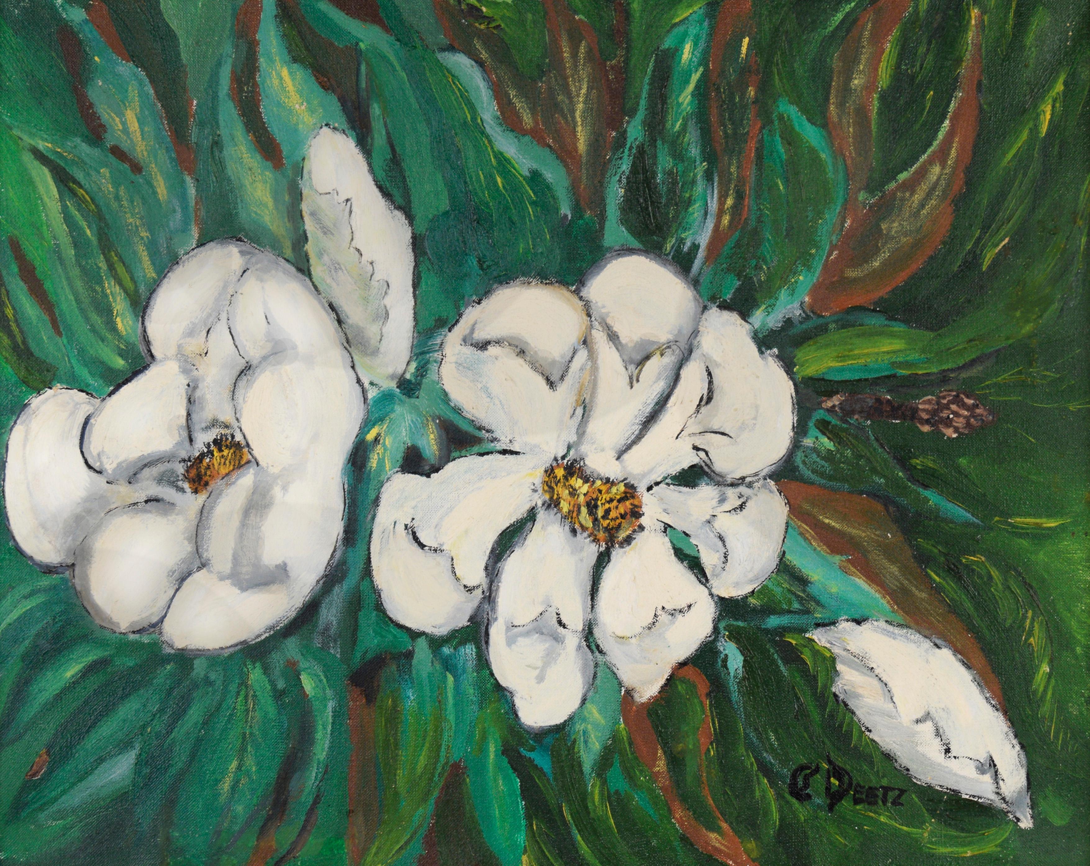 Modernist Southern Magnolia Original Oil Painting

Rich hues of emerald green and soft yellow highlights frame Southern Magnolias (“Magnolia Grandiflora”, also known as Bull Bay) in this original oil painting. This painting will make a wonderful