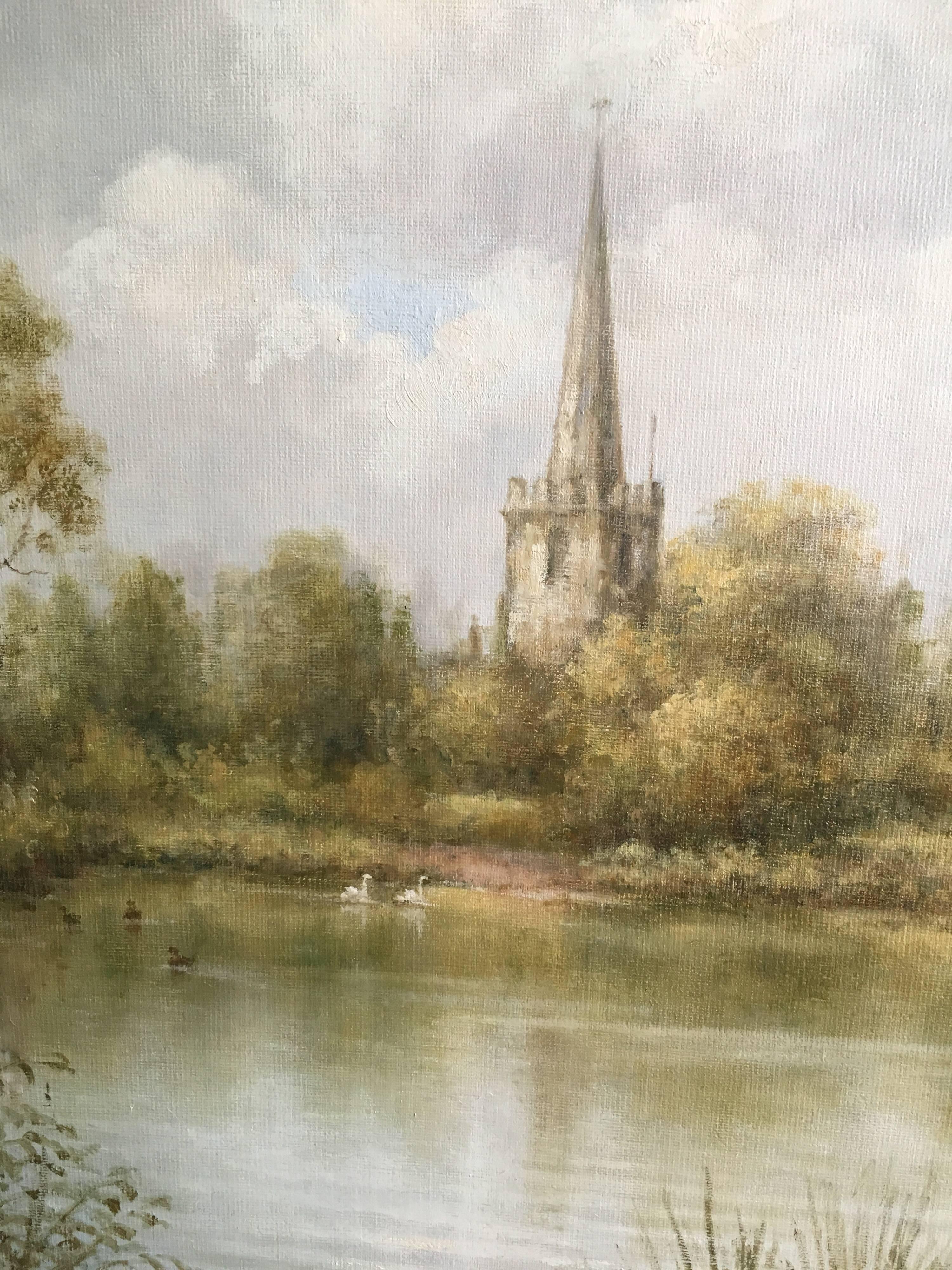 St. Mary's Church, Attenborough, British Oil Painting - Beige Still-Life Painting by C. Desborough