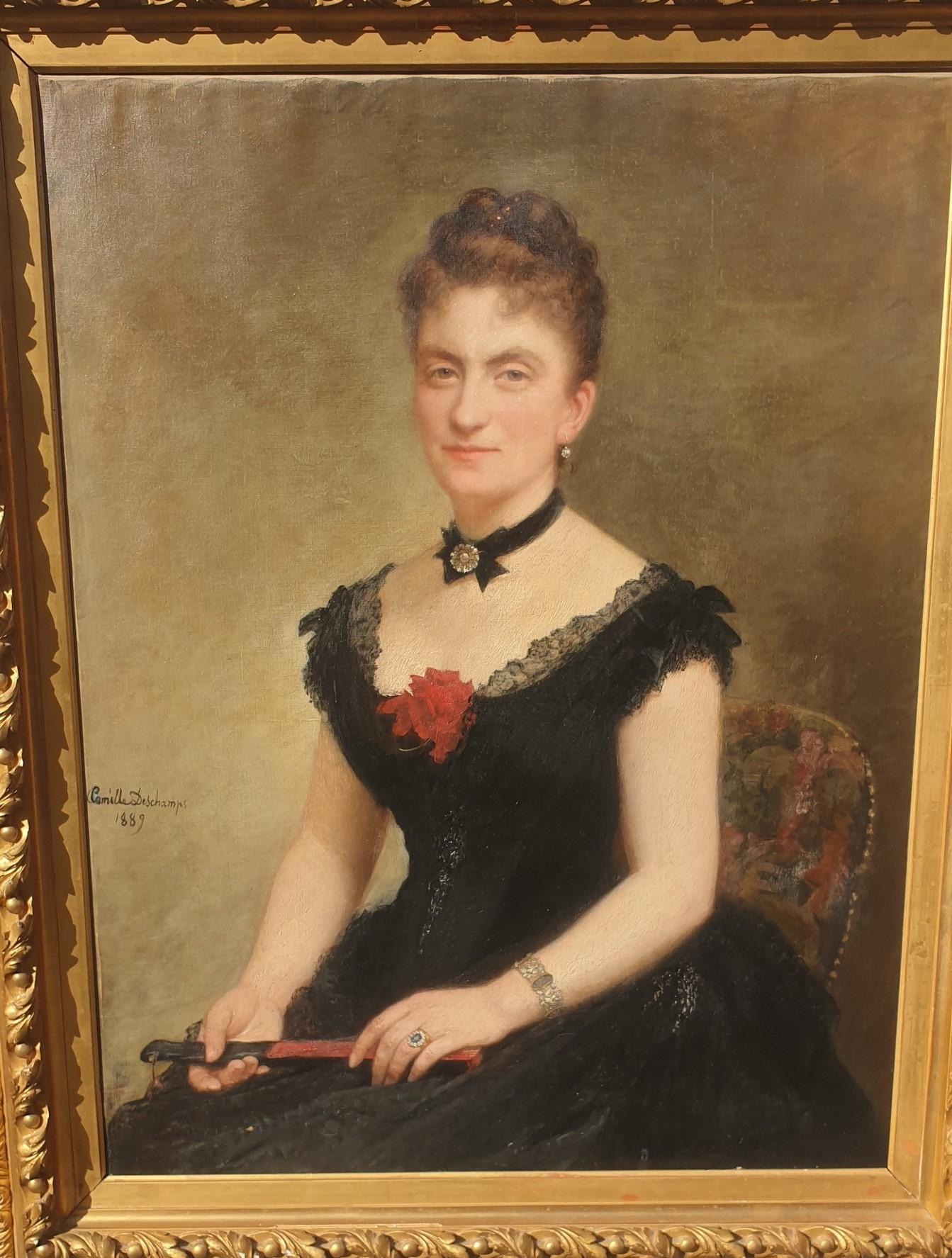 C Deschamps, Portrait Of Woman, In Black Dress, XIXth Century For Sale 4