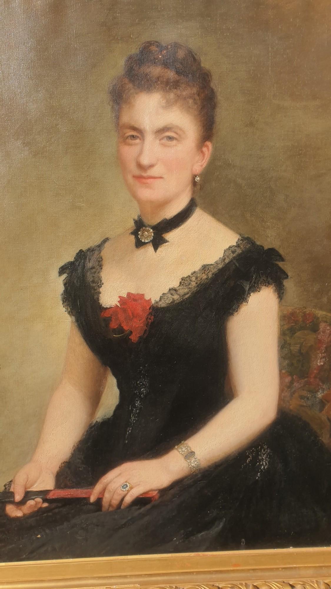 French C Deschamps, Portrait Of Woman, In Black Dress, XIXth Century For Sale