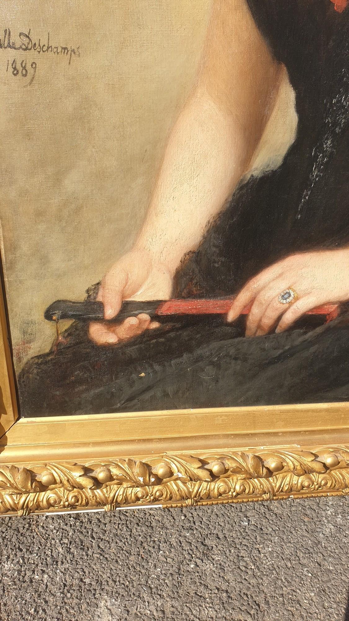 C Deschamps, Portrait Of Woman, In Black Dress, XIXth Century For Sale 1