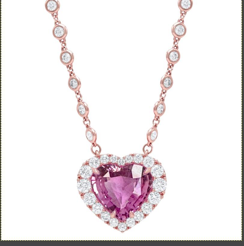 C Dunaigre Halskette aus Ceylon in Herzform mit rosa Saphiren in Sri Lanka, 10,11 Karat (Herzschliff)