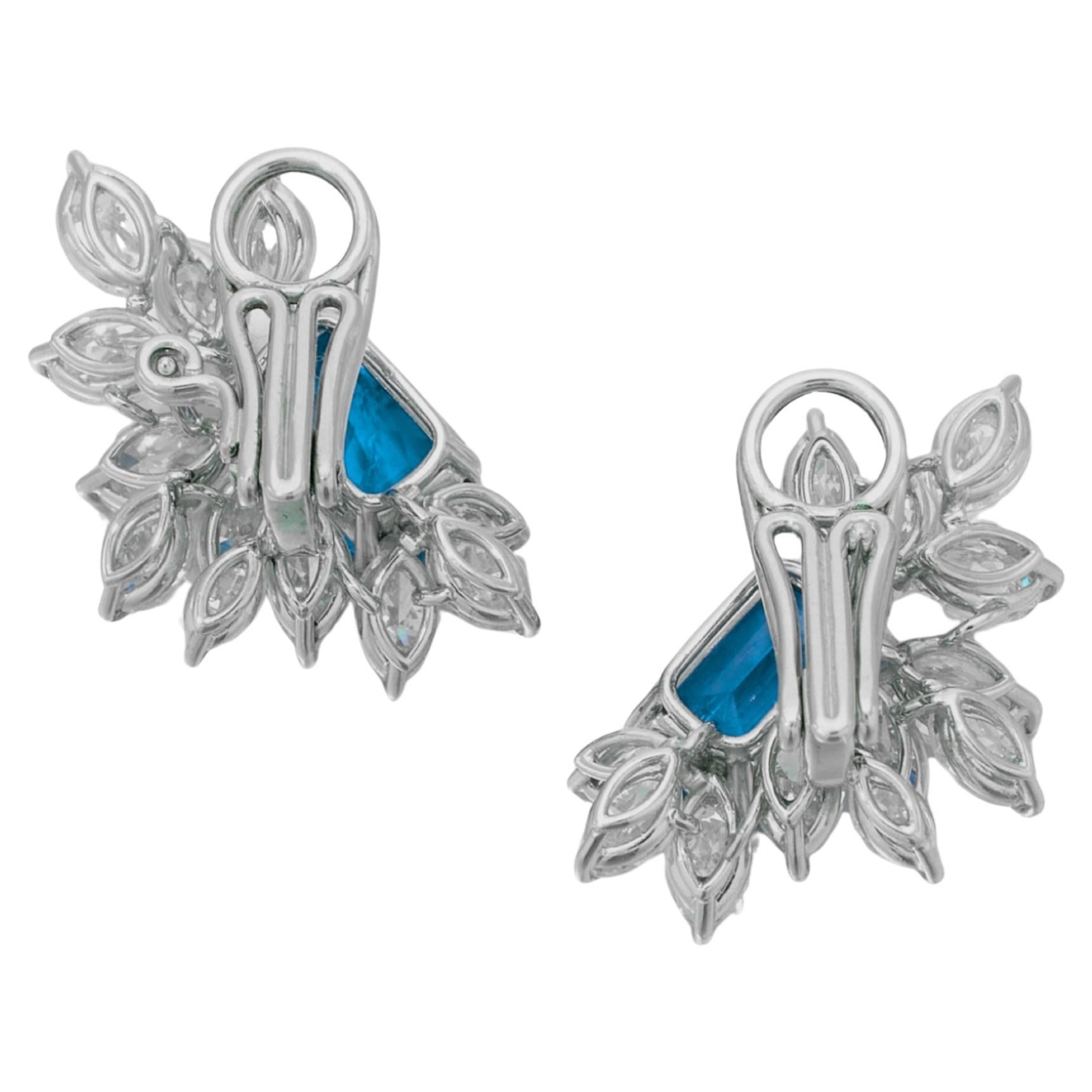 Emerald Cut C. Dunaigre 12.23 Blue Sapphire Marquise Diamond Cluster Earrings For Sale
