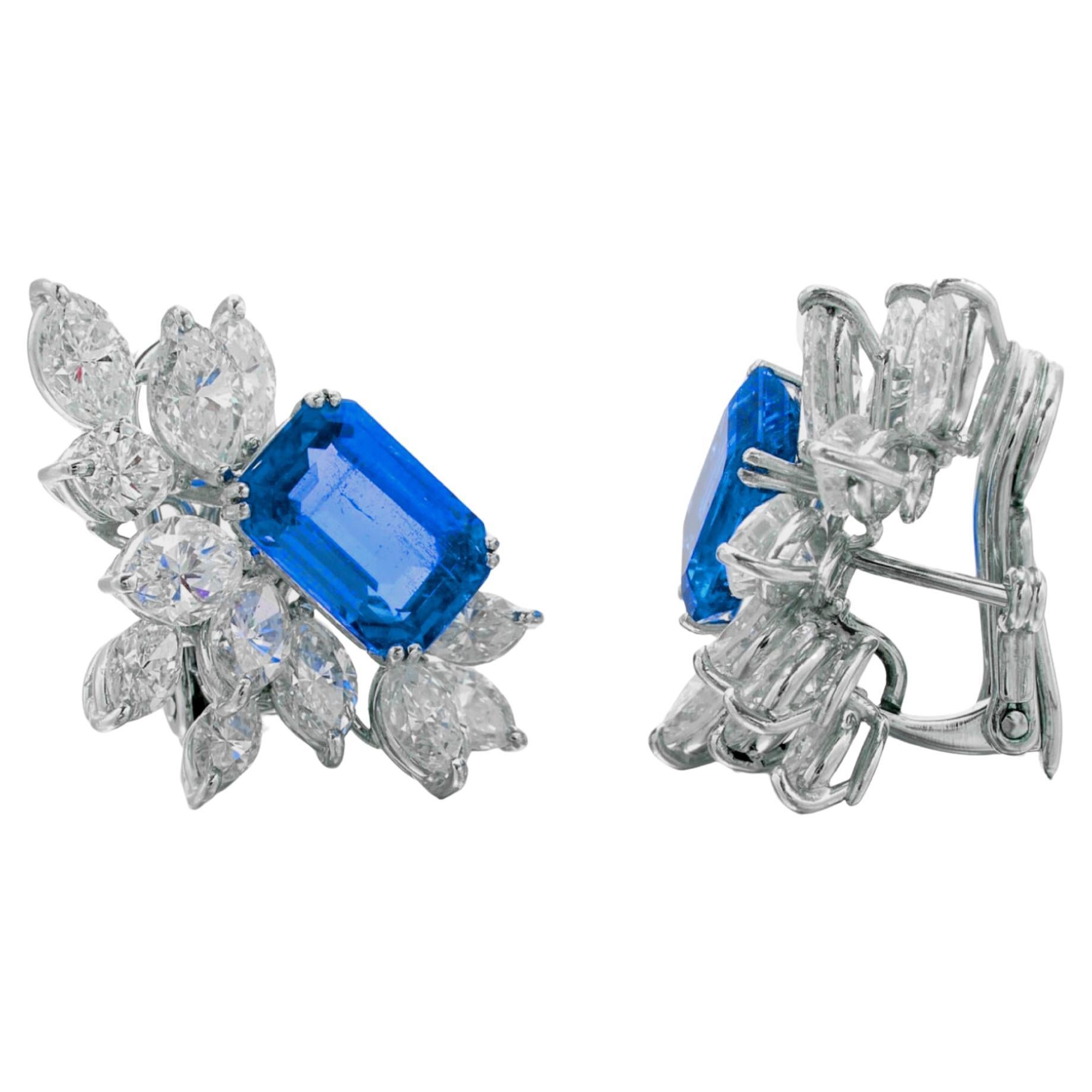 Experience the allure of sophistication with our exquisite pair of ear clips featuring a stunning total of 12.23 carats of high-quality emerald-cut sapphires. Each sapphire, certified by C. Dunaigre, showcases a rich color and exceptional clarity,