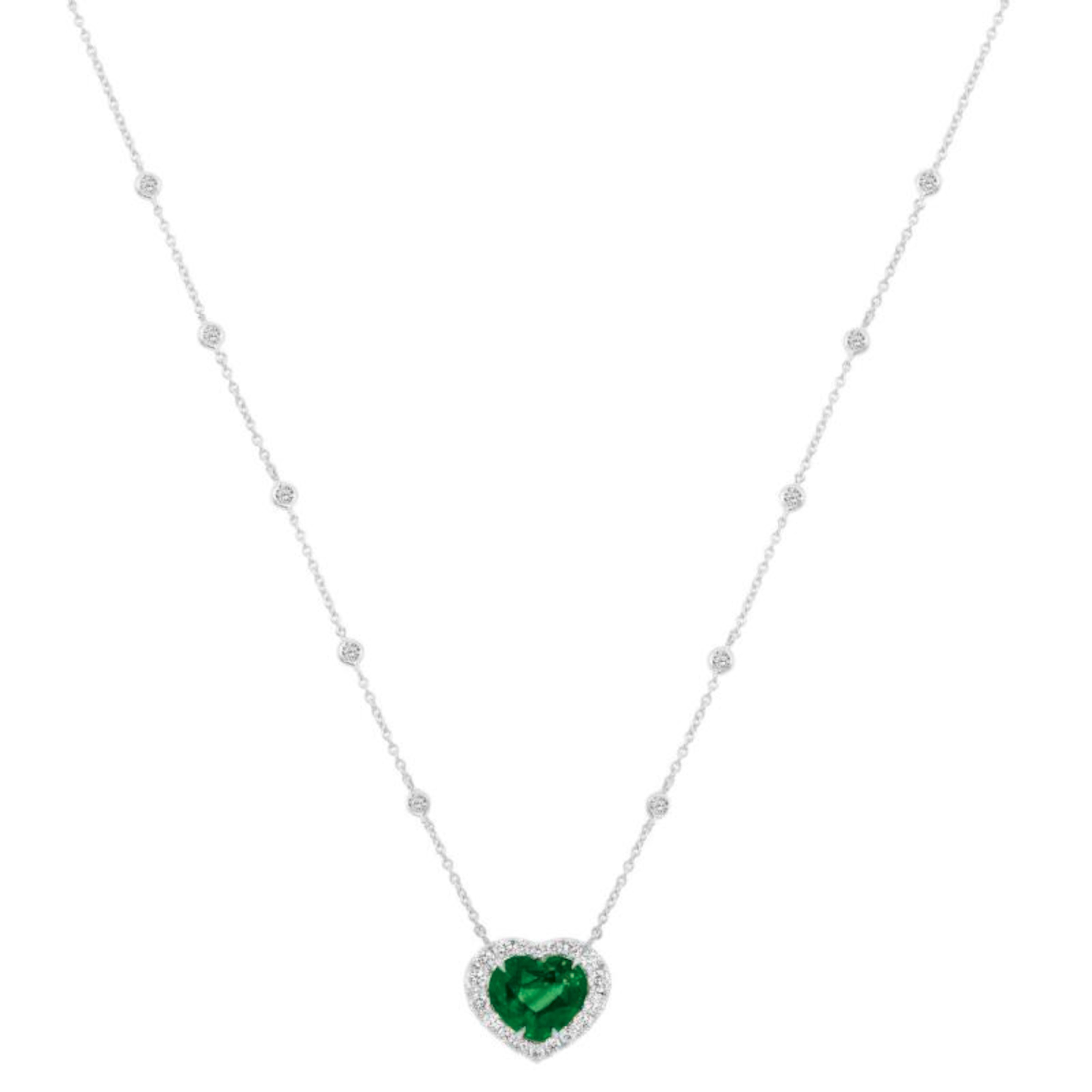 Heart Cut C. Dunaigre 13 Carat Heart Shape Minor Oil Emerald Diamond Pendant Necklace For Sale