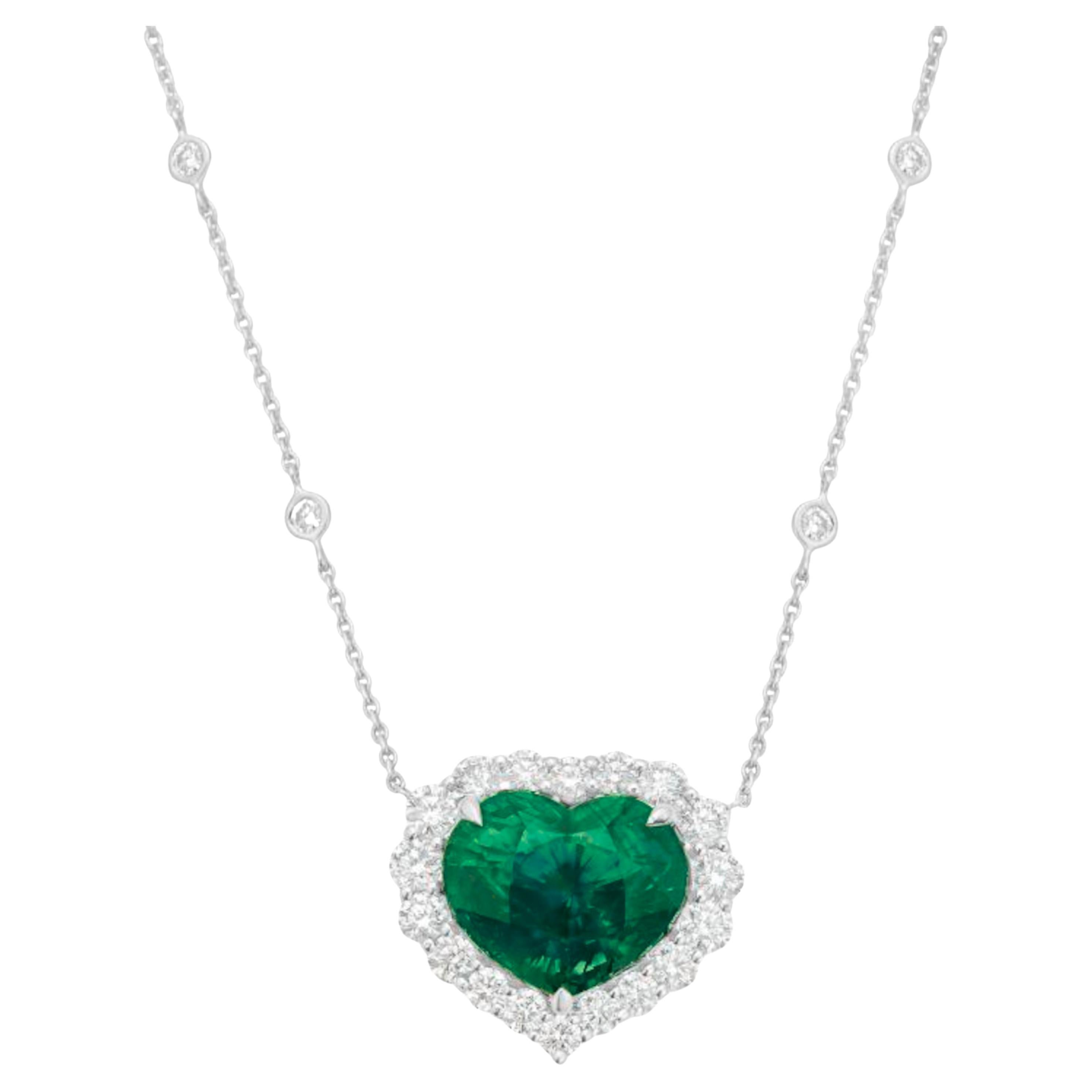 C. Dunaigre 13 Carat Heart Shape Minor Oil Emerald Diamond Pendant Necklace