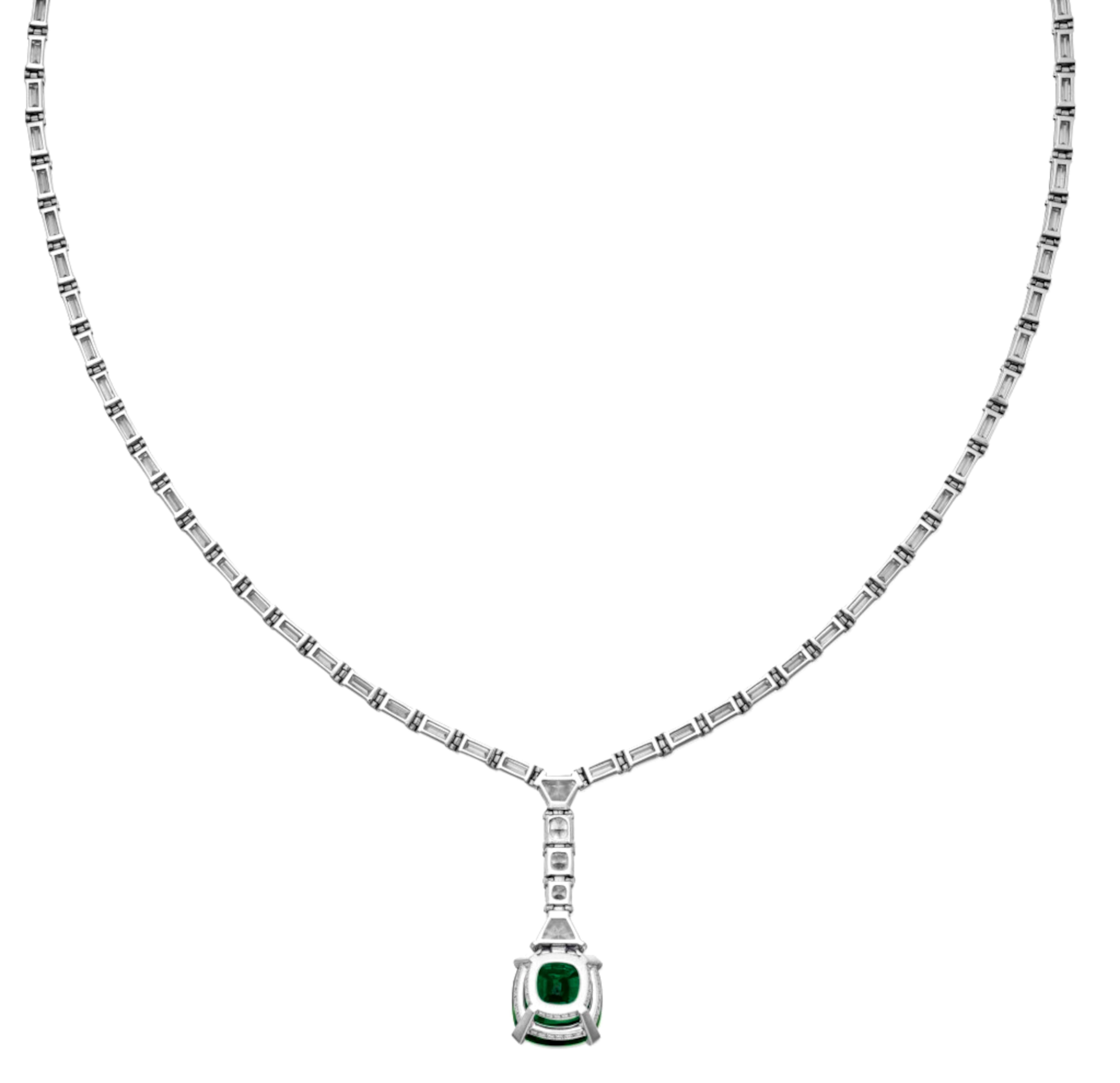 C. Dunaigre 3.65 Karat. Kleine Öl-Smaragd-Diamant-Halskette (Kissenschliff) im Angebot