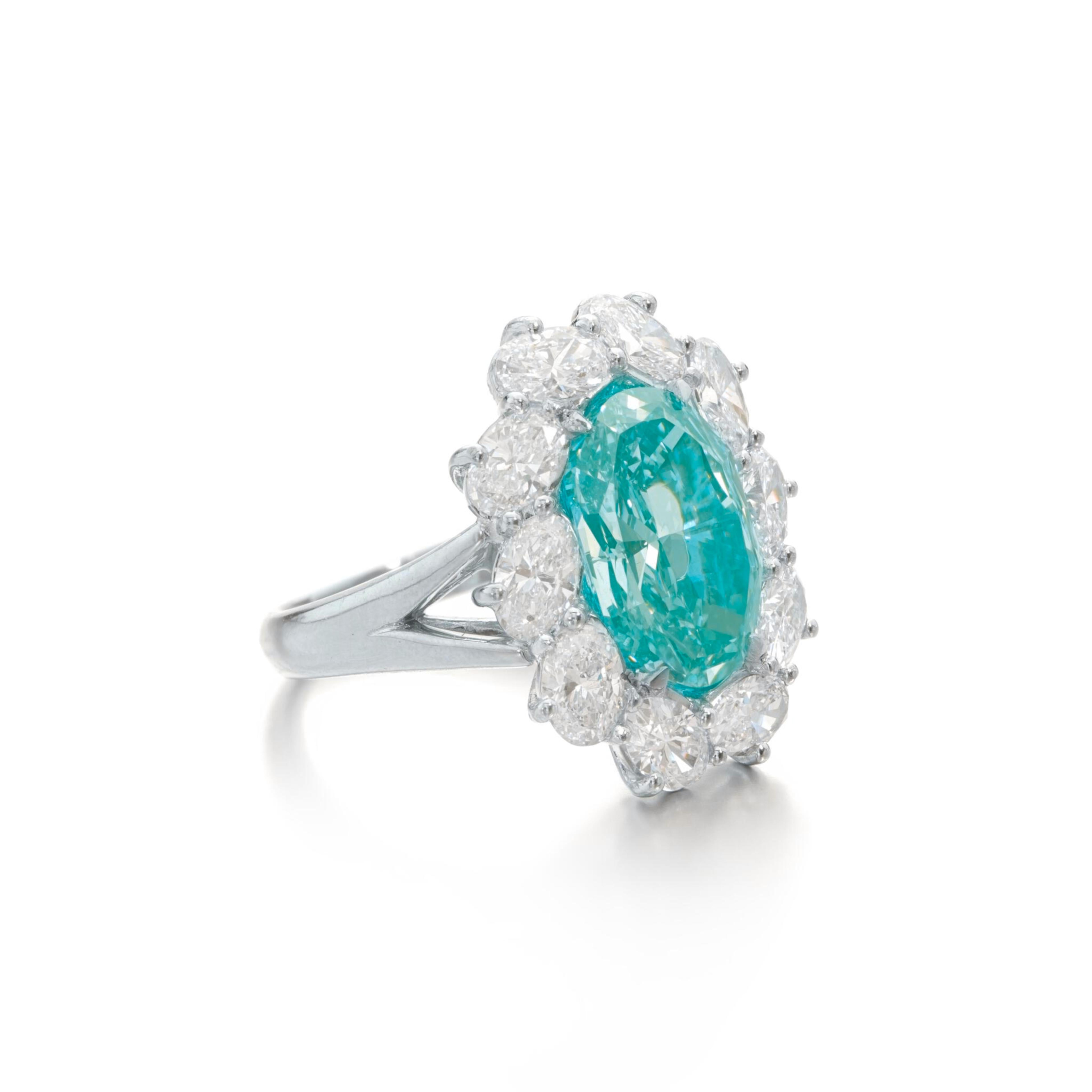 Oval Cut C. Dunaigre 4.79 Carat Paraiba Tourmaline & Diamond Ring For Sale