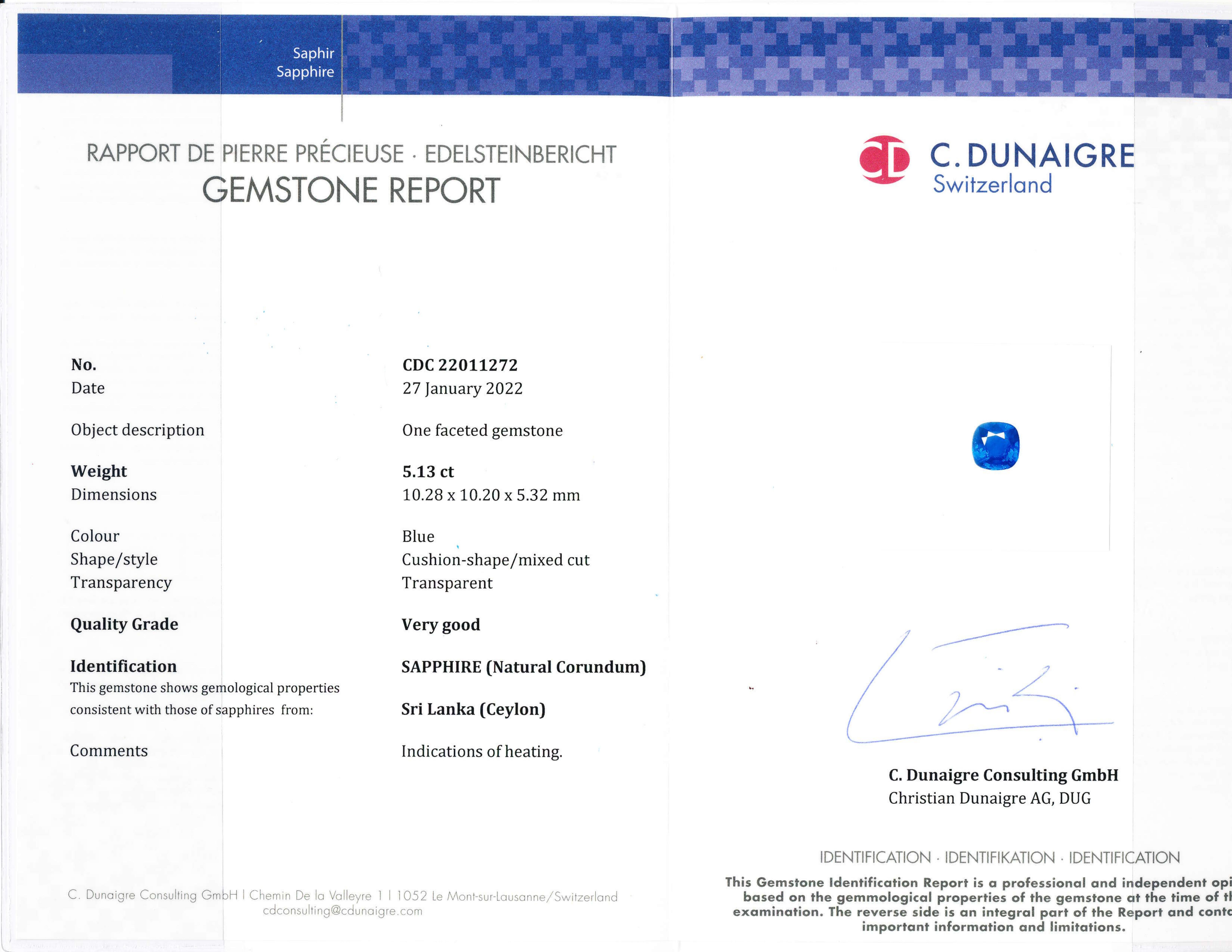 Contemporary C. Dunaigre 5 Carat Ceylon Cushion-Cut Sapphire Ring For Sale