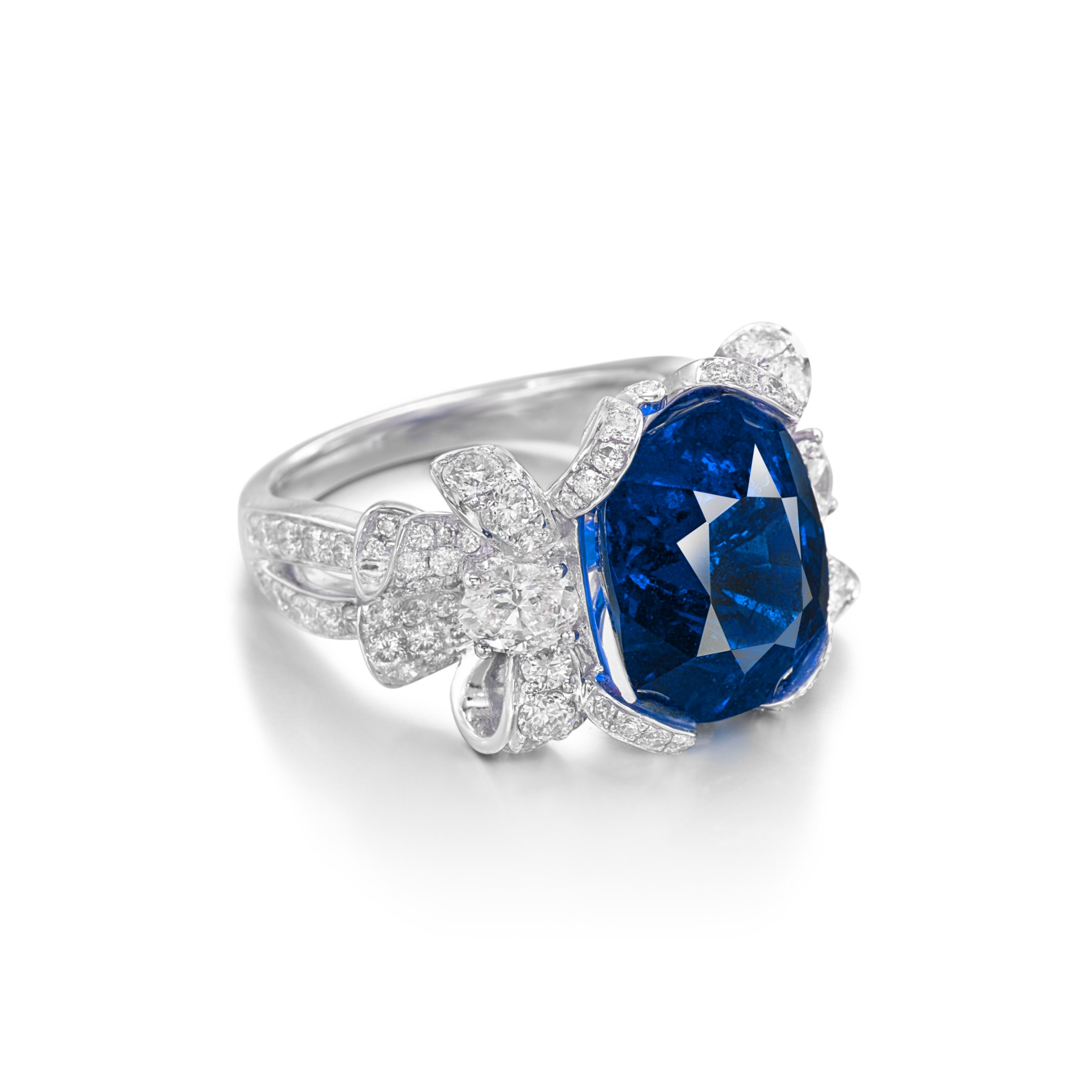 C. Dunaigre 5 Karat Ceylon NO HEAT Blauer Saphir Diamantring (Kissenschliff) im Angebot