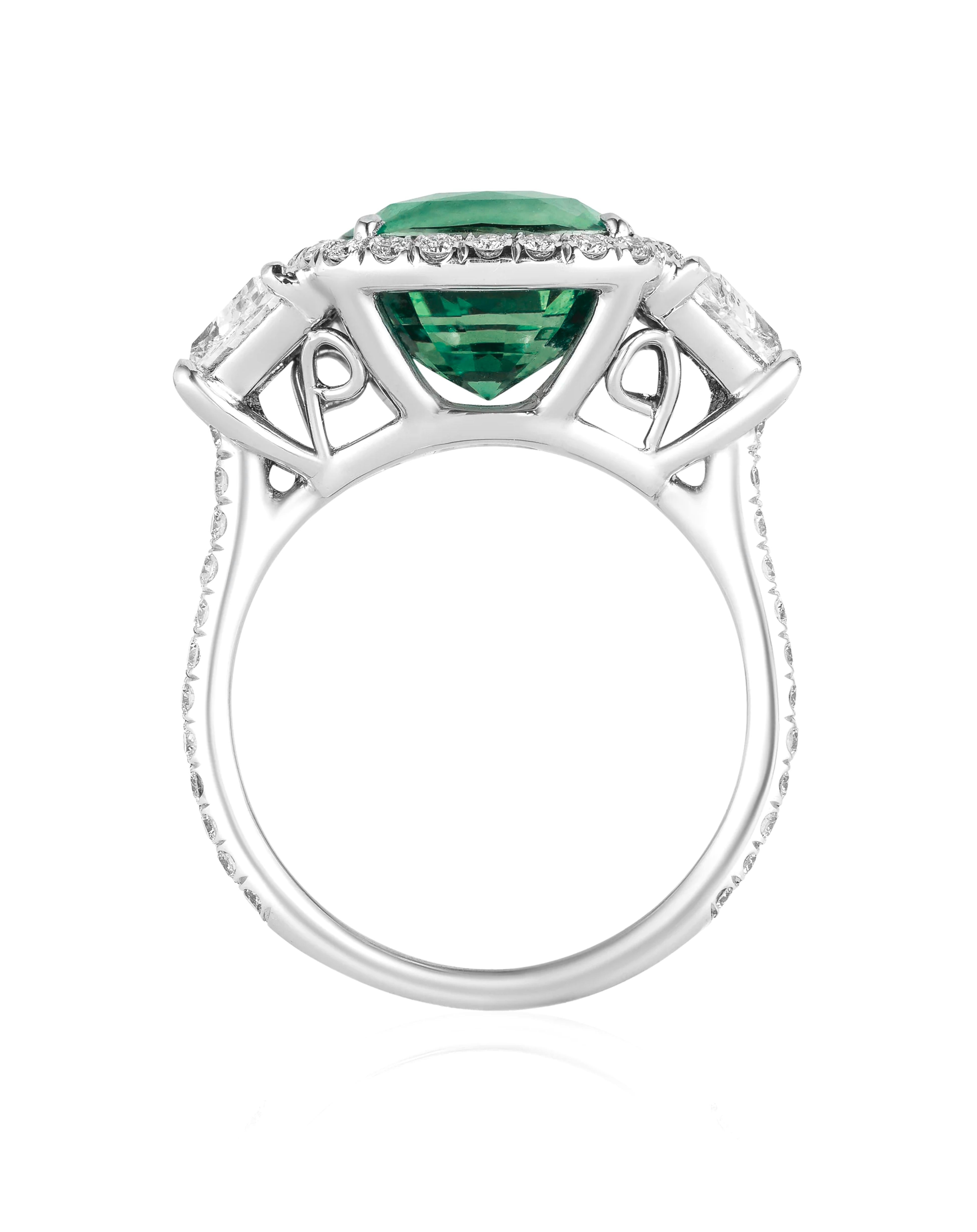 Contemporary C. Dunaigre 5 Ct. Colombian Green Emerald Diamond Platinum Ring For Sale
