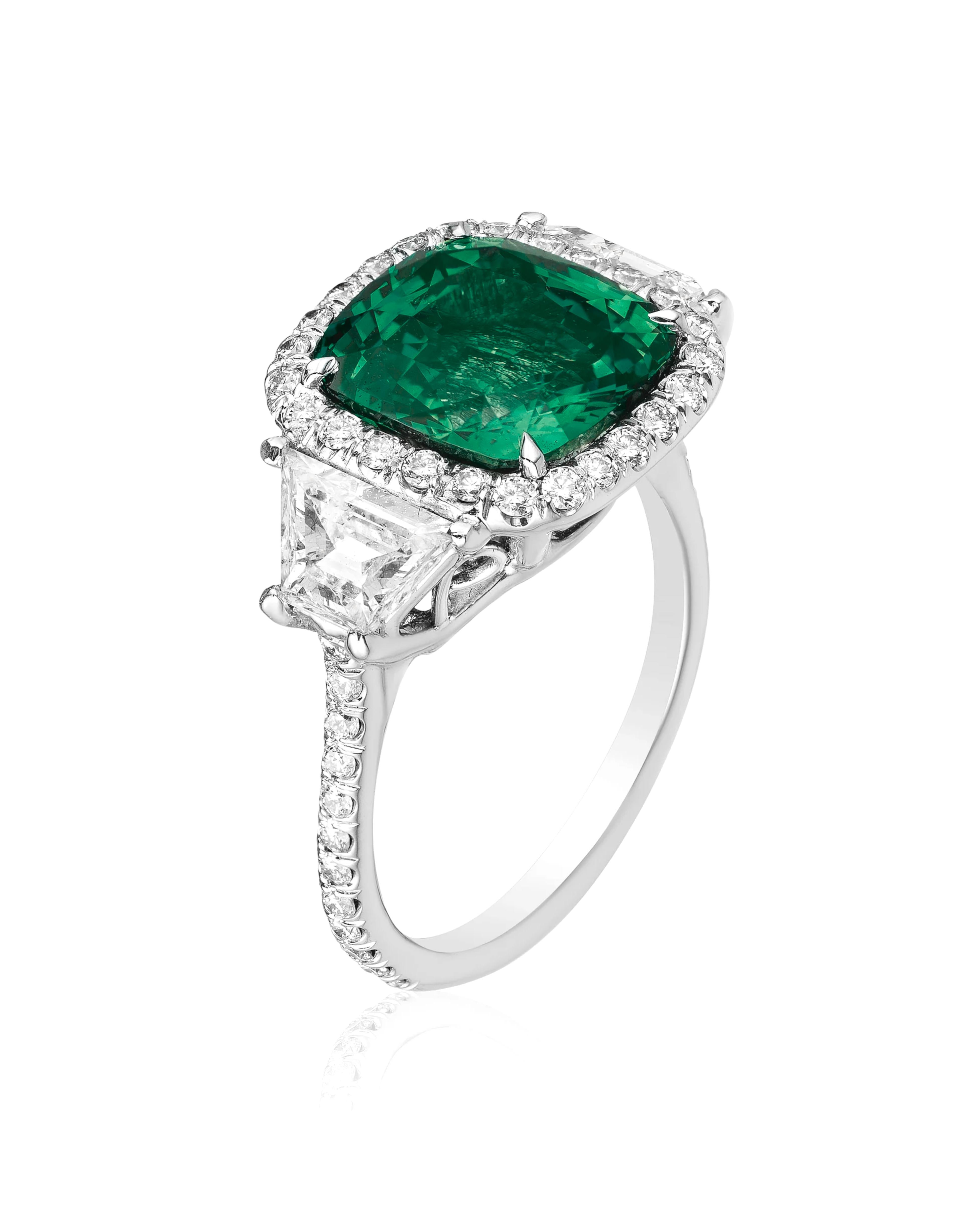 Cushion Cut C. Dunaigre 5 Ct. Colombian Green Emerald Diamond Platinum Ring For Sale