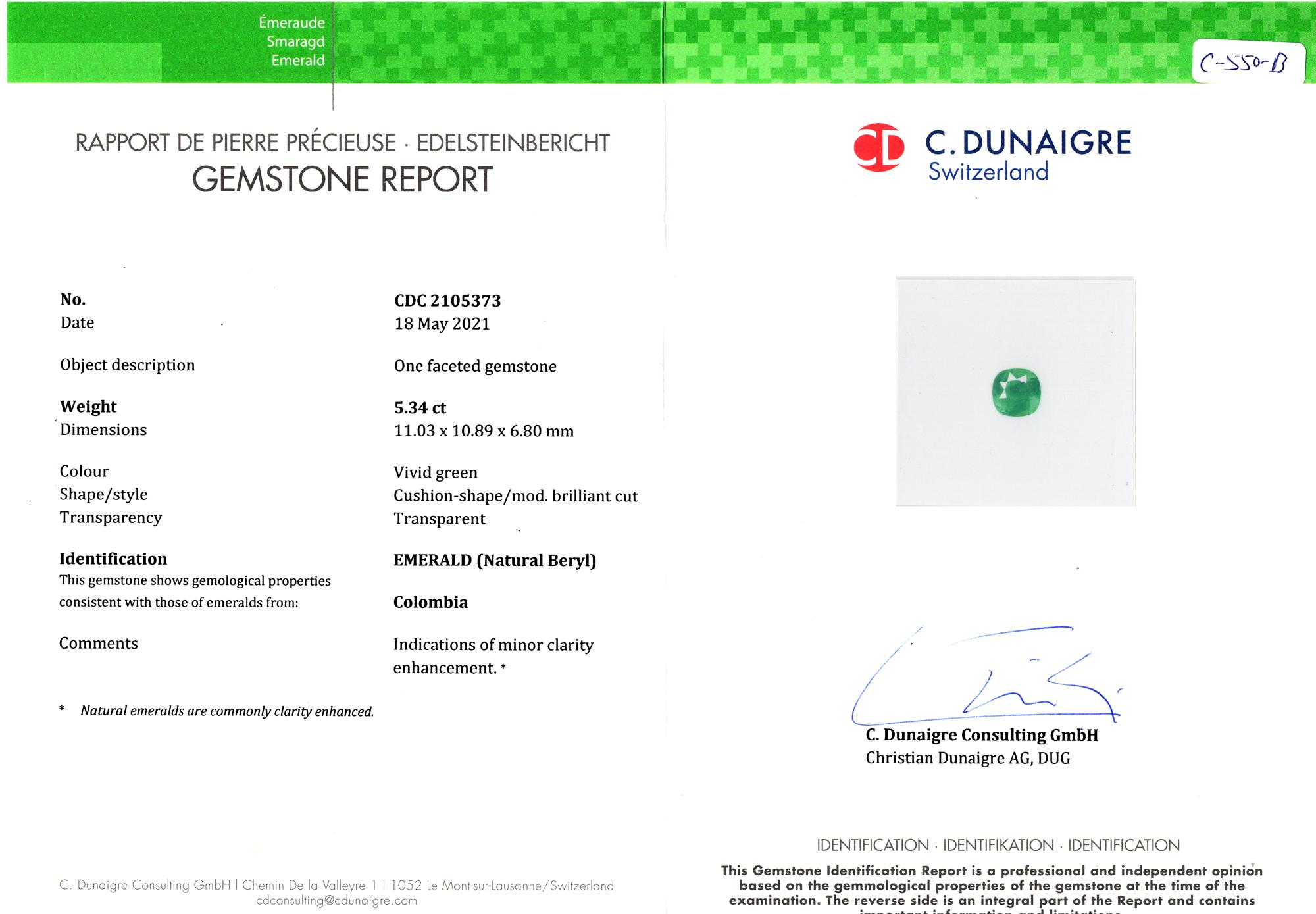 Centering a cushion-shaped emerald, flanked by two trapezoids shaped diamonds and a pave of round brilliant cut diamonds

emerald weighing 6.15 carats
Size 6
Platinum
Accompanied by C.Dunaigre report  stating that the emerald is of Colombian origin,