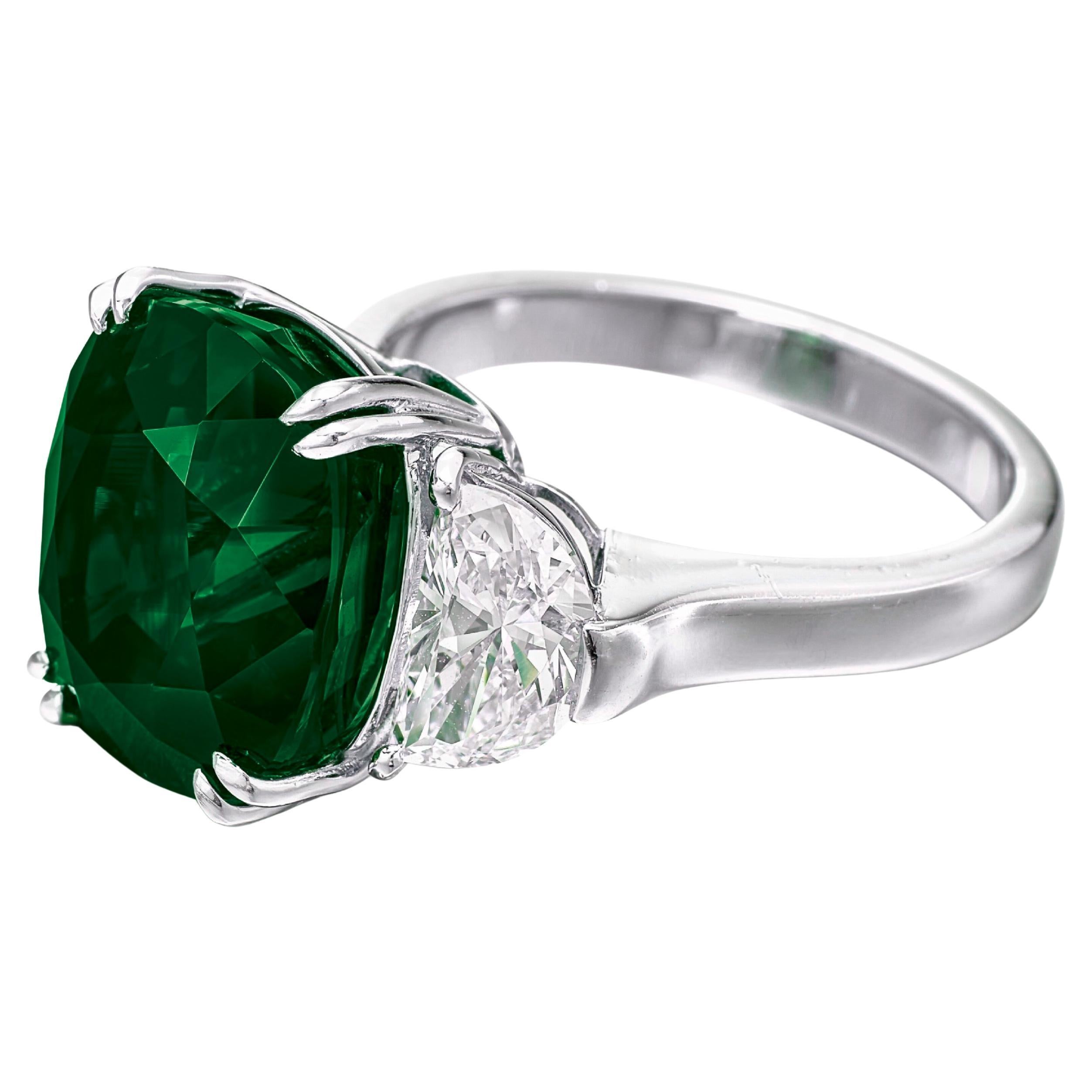 Contemporary C. Dunaigre 5.41 Carat VIVID Green Minor Oil Emerald Half moon Diamond ring For Sale
