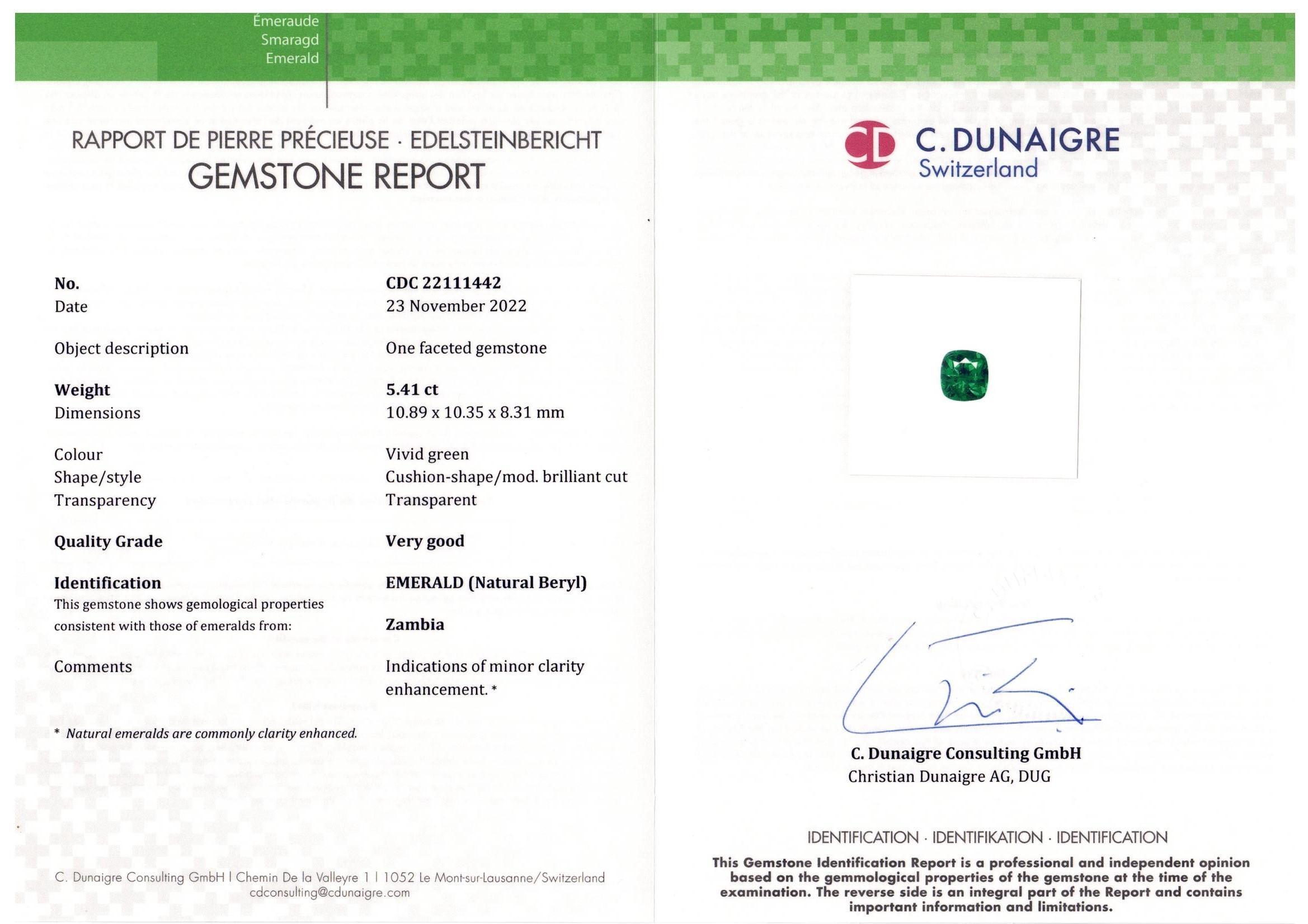 Cushion Cut C. Dunaigre 5.41 Carat VIVID Green Minor Oil Emerald Half moon Diamond ring For Sale