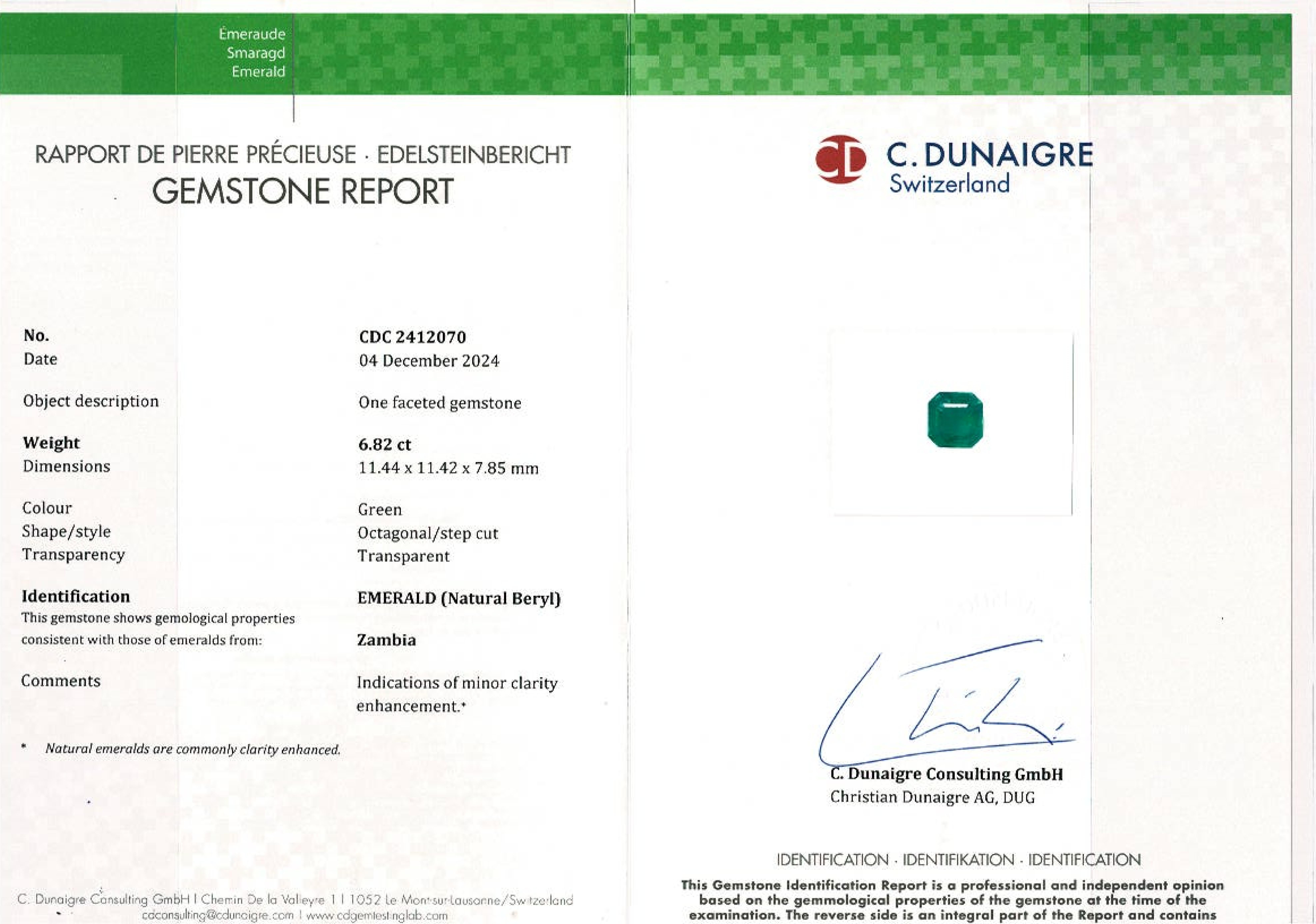 C. Dunaigre 6,82 Karat kleiner Öl EMERALD Diamantring im Zustand „Neu“ im Angebot in Chicago, IL