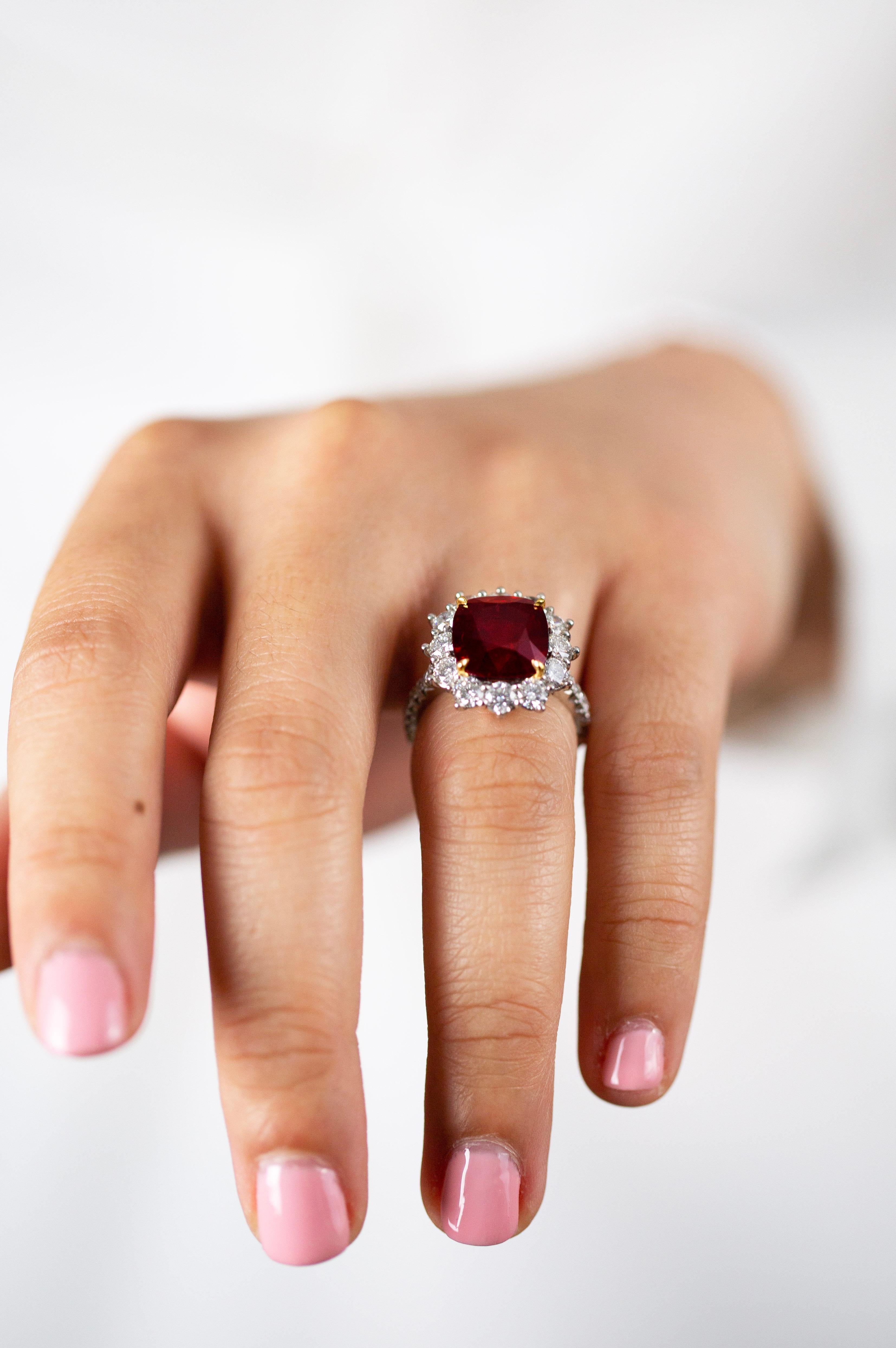Modern C. Dunaigre 6.92 Carats Cushion Cut Red Spinel and Diamond Halo Cocktail Ring For Sale