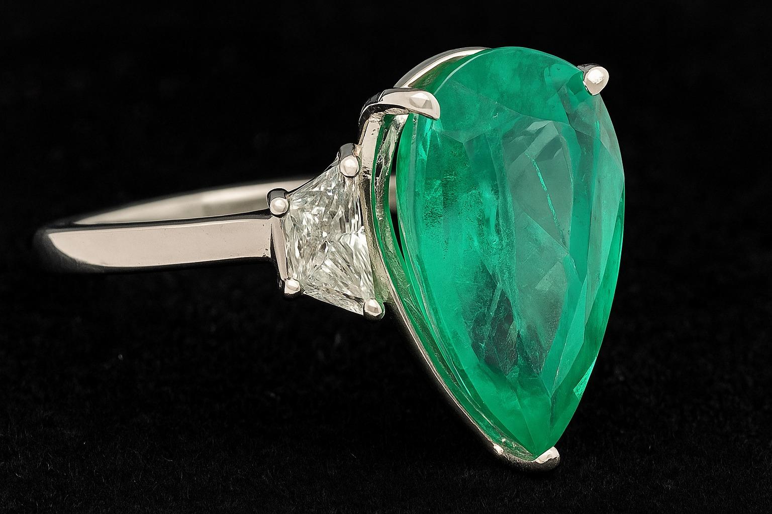 Bague en or blanc 18 carats, émeraude colombienne de 7,17 carats en taille poire et diamant

Cette bague remarquable est ornée d'une émeraude naturelle de Colombie de 7,17 carats, taillée de façon magistrale dans une élégante forme de poire mesurant