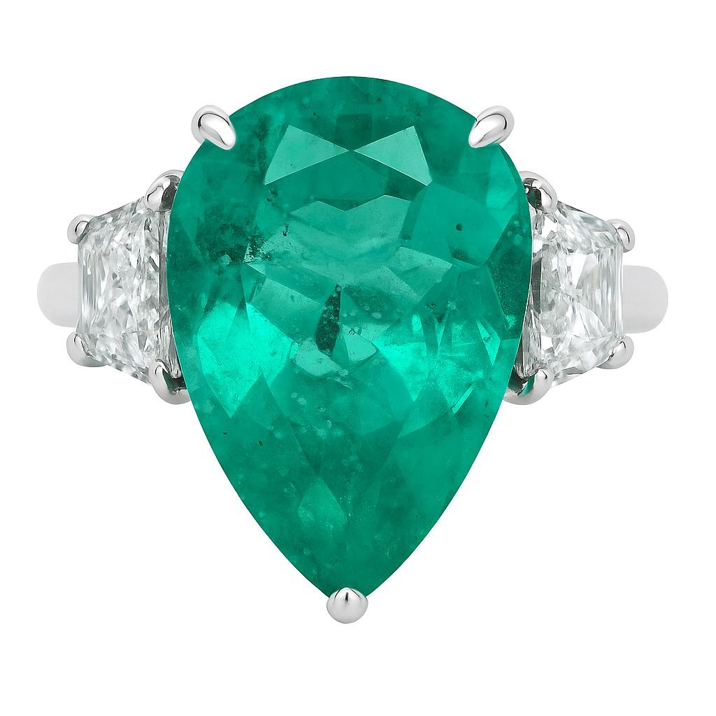 Taille poire C. Dunaigre Bague émeraude colombienne poire de 7,17 carats et diamant en vente