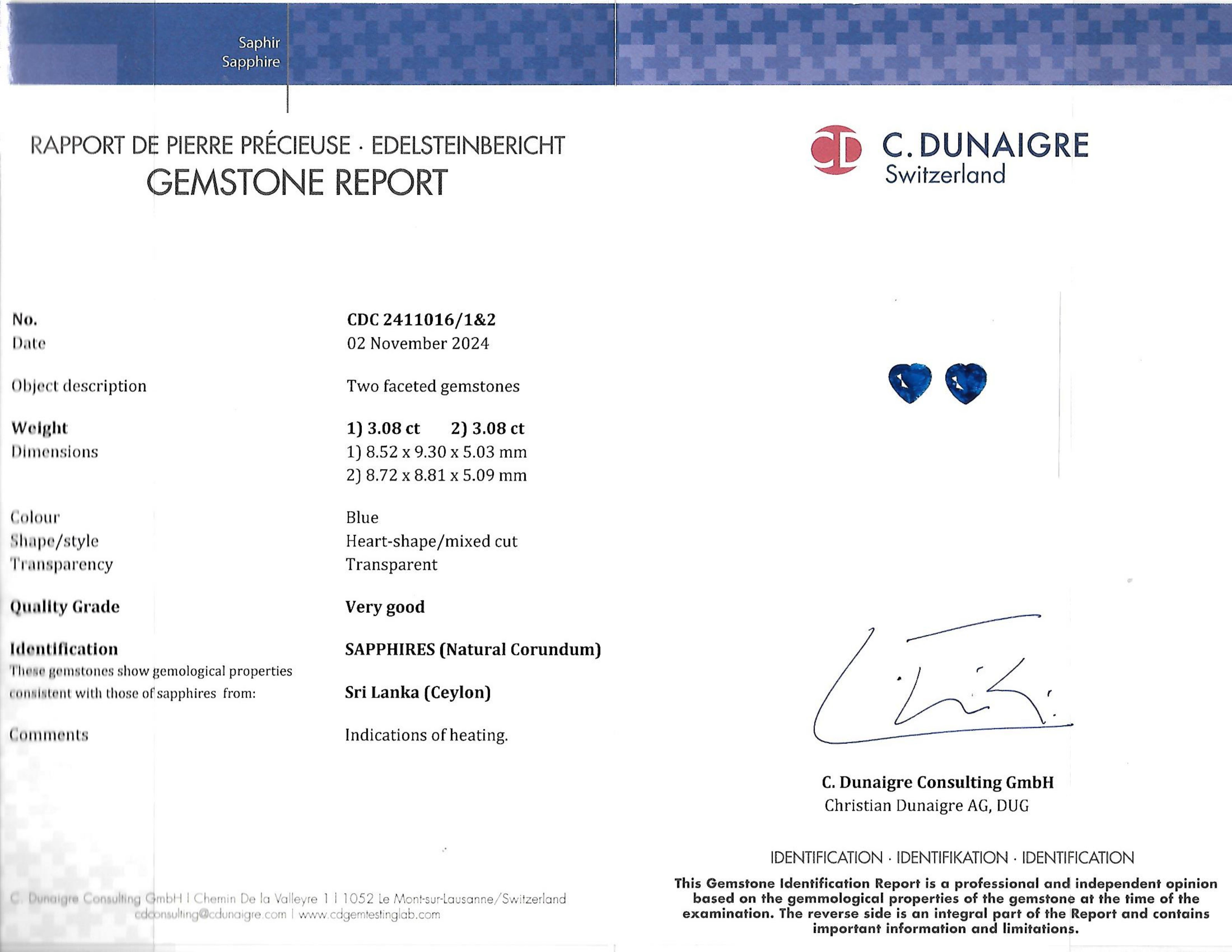 Rehaussez votre collection de bijoux avec ces clips d'oreilles exquis, ornés de magnifiques saphirs en forme de cœur, pesant chacun 3,08 carats. Ces saphirs captivants, certifiés par le célèbre gemmologue C.C., garantissent une qualité et une
