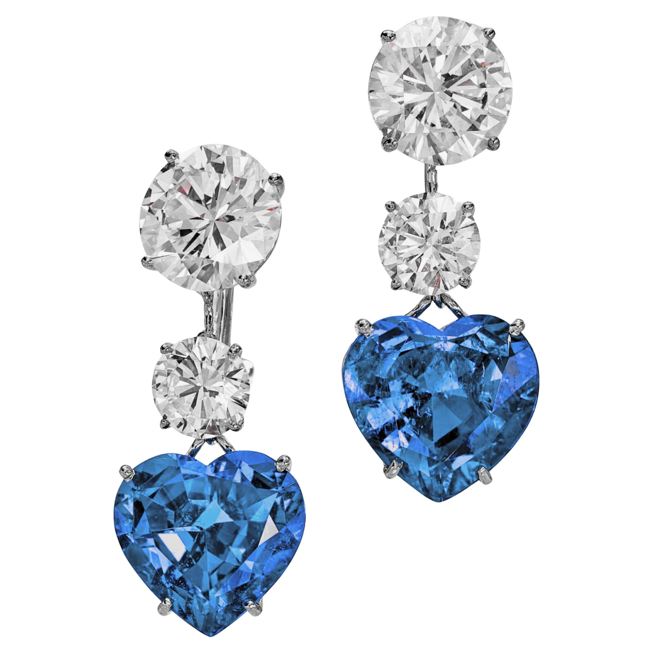 C. Dunaigre Blue Sapphire Heart Cut Diamond Cluster Earrings