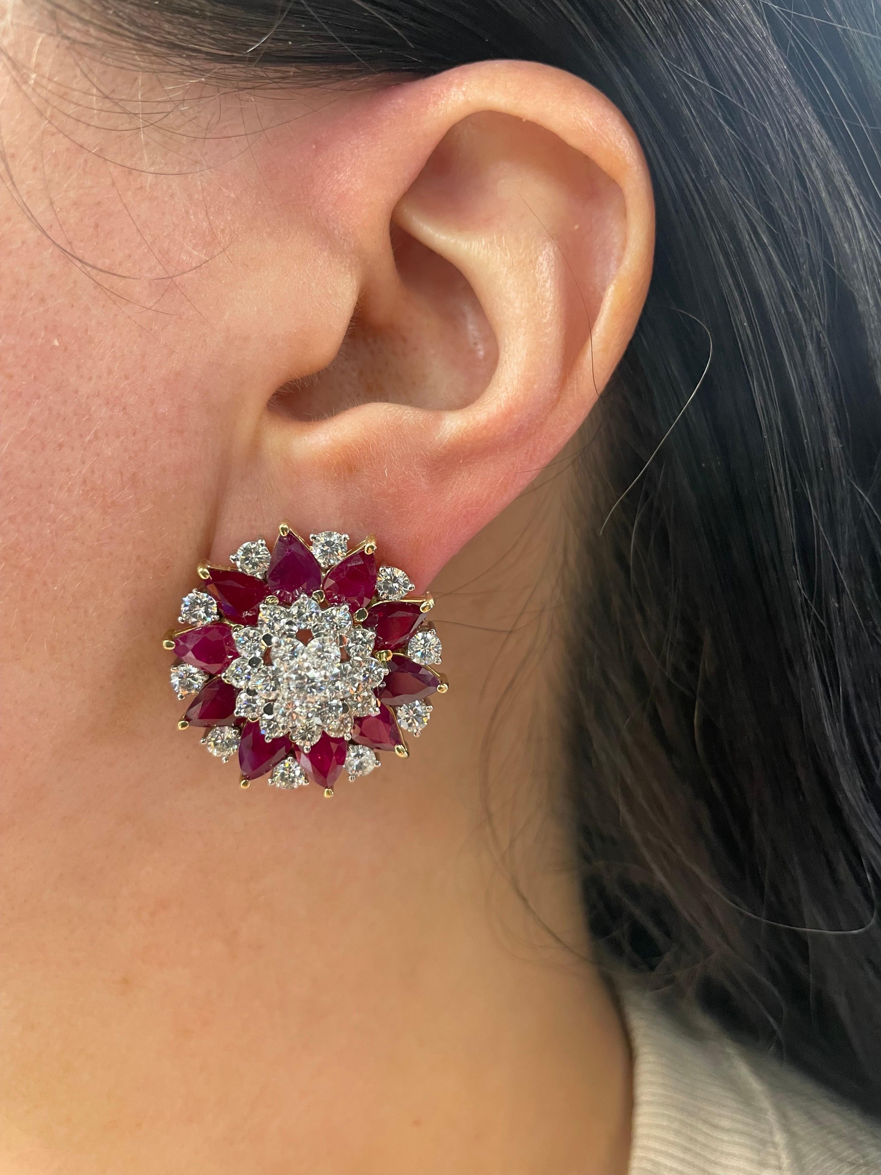 Contemporary C. DUNAIGRE Burma Ruby Heated Diamond Cluster Star Earrings 28 CTTW  For Sale