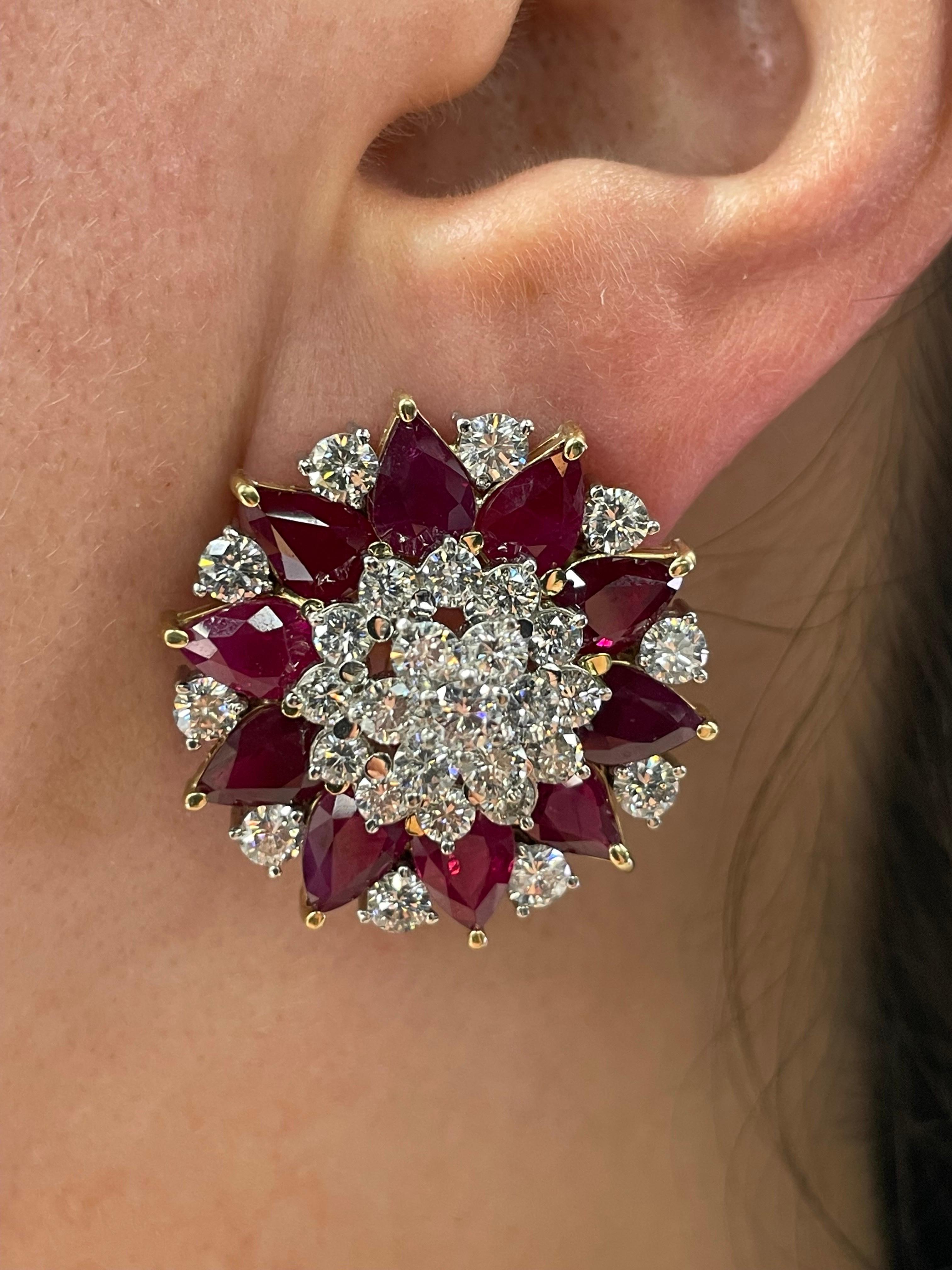 Pear Cut C. DUNAIGRE Burma Ruby Heated Diamond Cluster Star Earrings 28 CTTW  For Sale