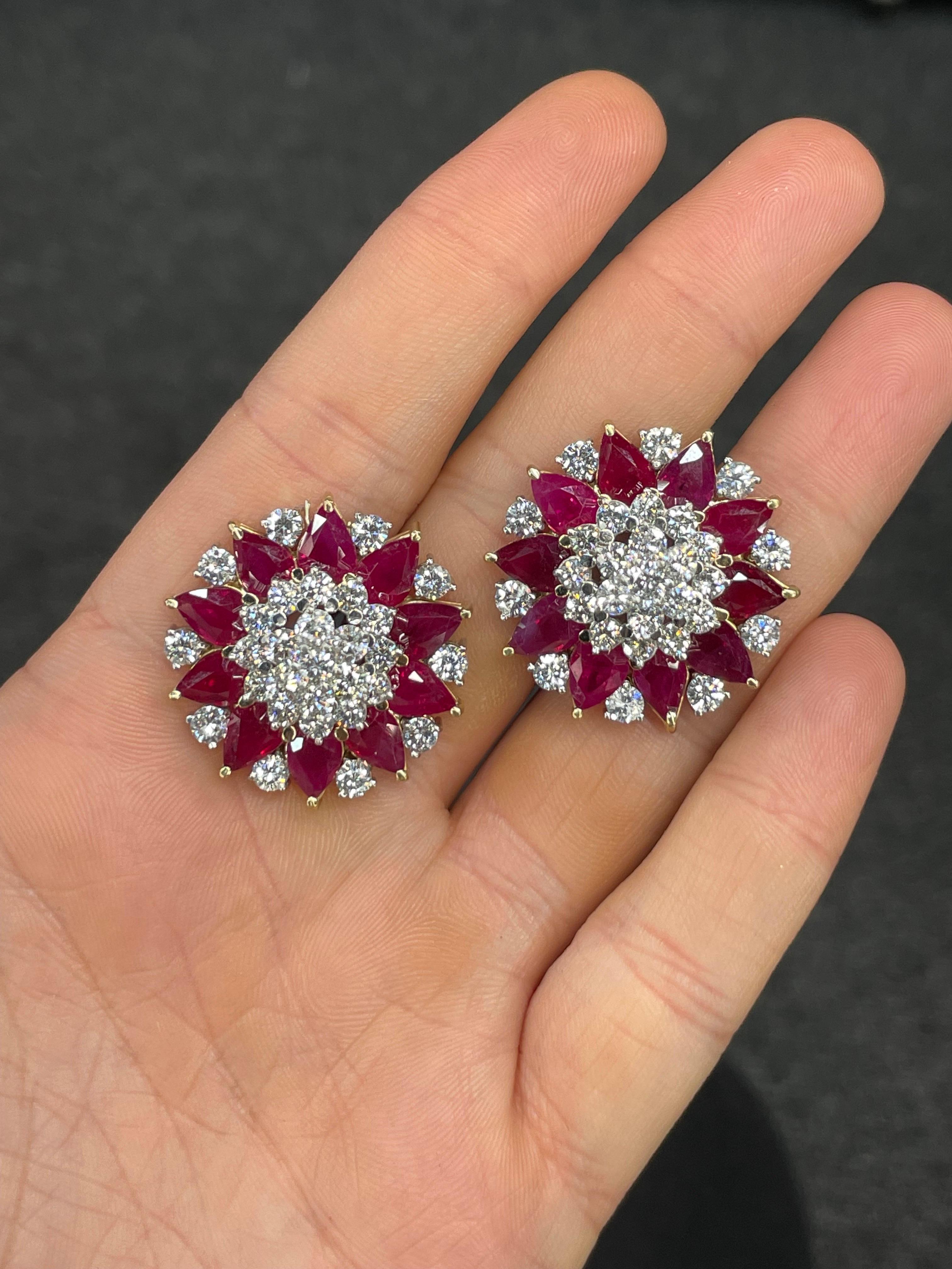 C. DUNAIGRE Burma Ruby Heated Diamond Cluster Star Earrings 28 CTTW  In Excellent Condition For Sale In New York, NY