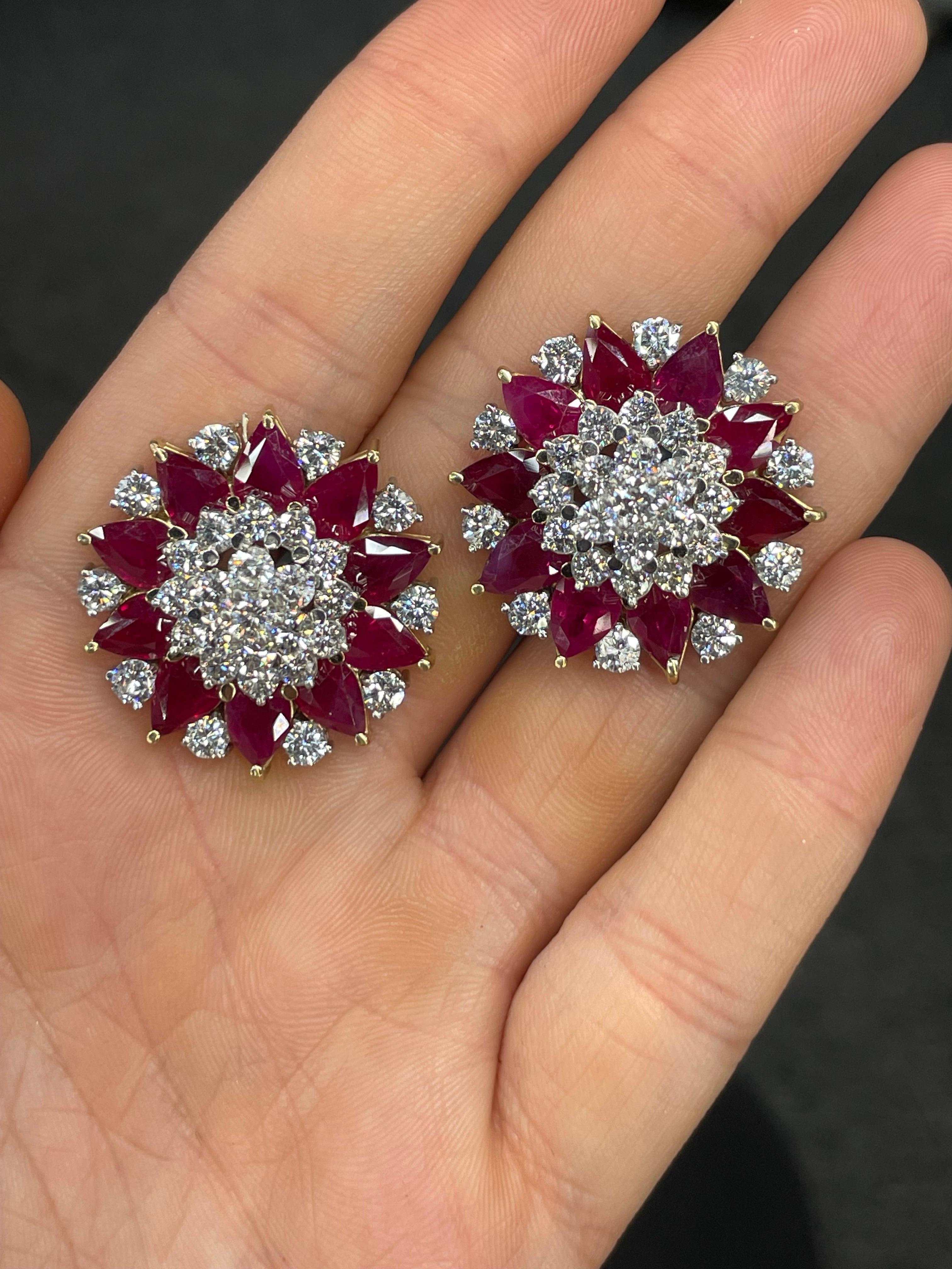 Women's C. DUNAIGRE Burma Ruby Heated Diamond Cluster Star Earrings 28 CTTW  For Sale