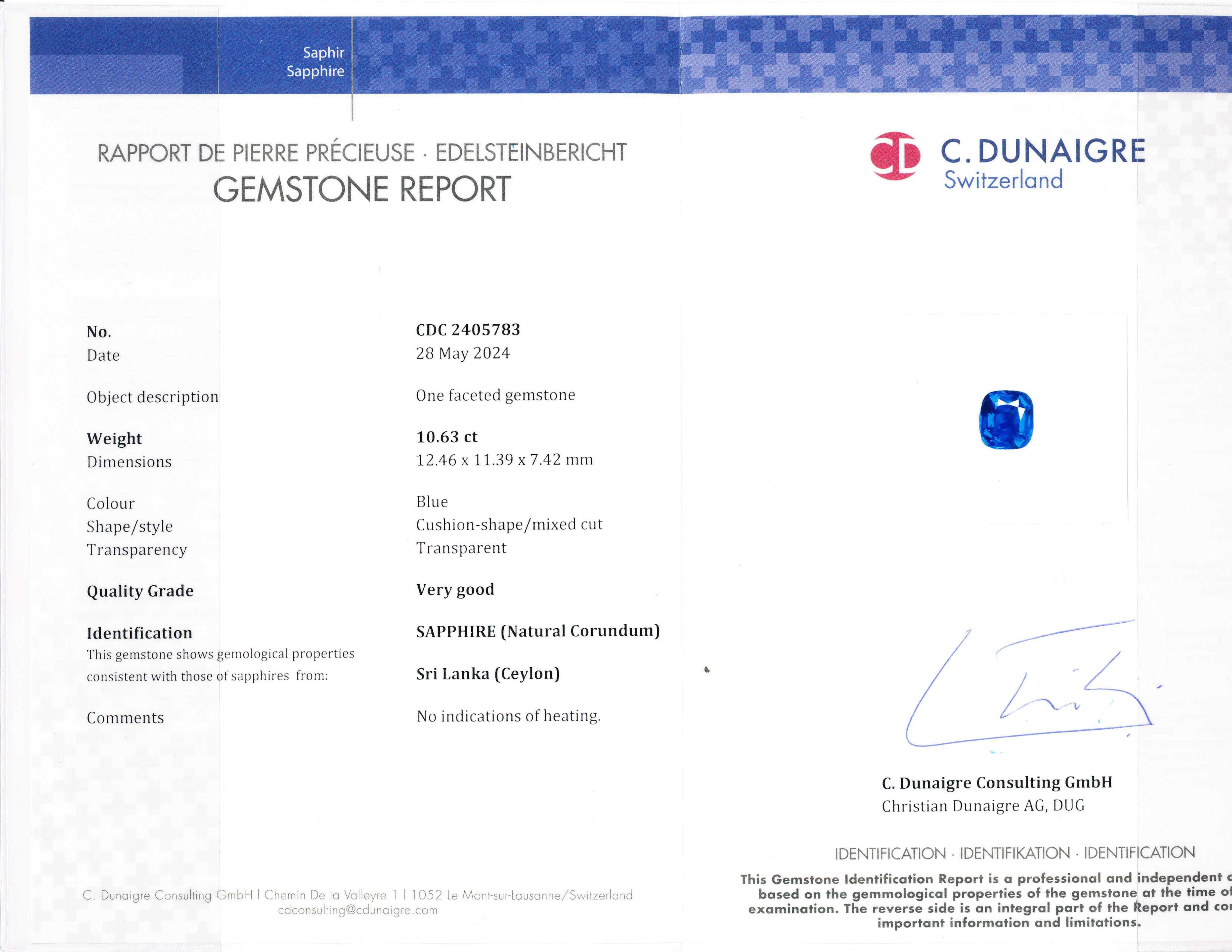 Taglio cuscino C. Anello di diamanti con zaffiro blu a cuscino certificato da 10,63 carati di Dunaigre in vendita