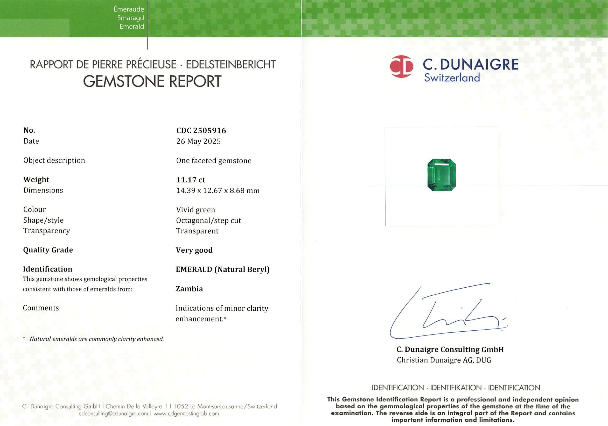 Contemporary C. Dunaigre Certified 11.17 Carat Vivid Green Colombian Emerald Ring For Sale