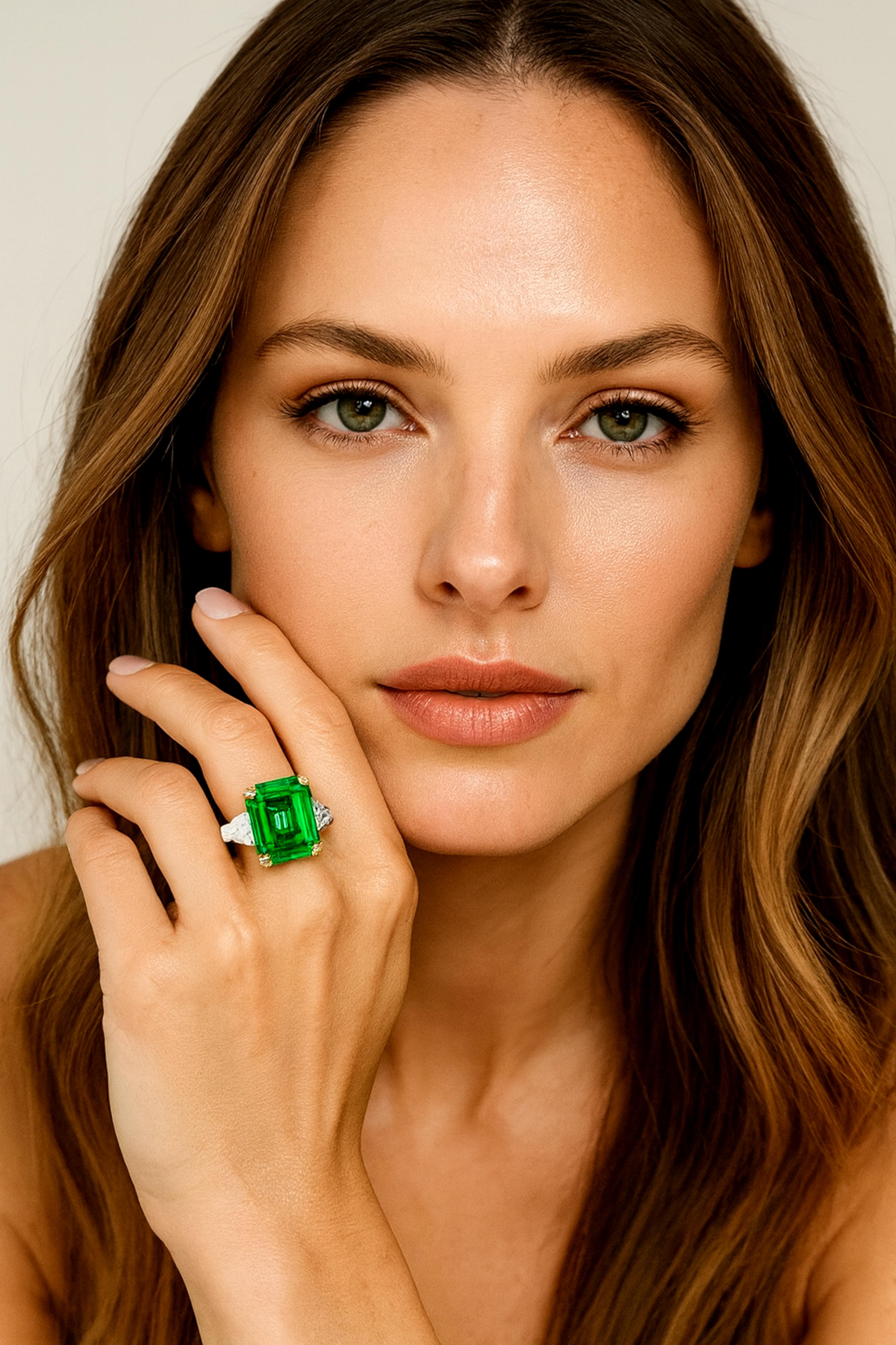 Emerald Cut C. Dunaigre Certified 11.17 Carat Vivid Green Colombian Emerald Ring For Sale