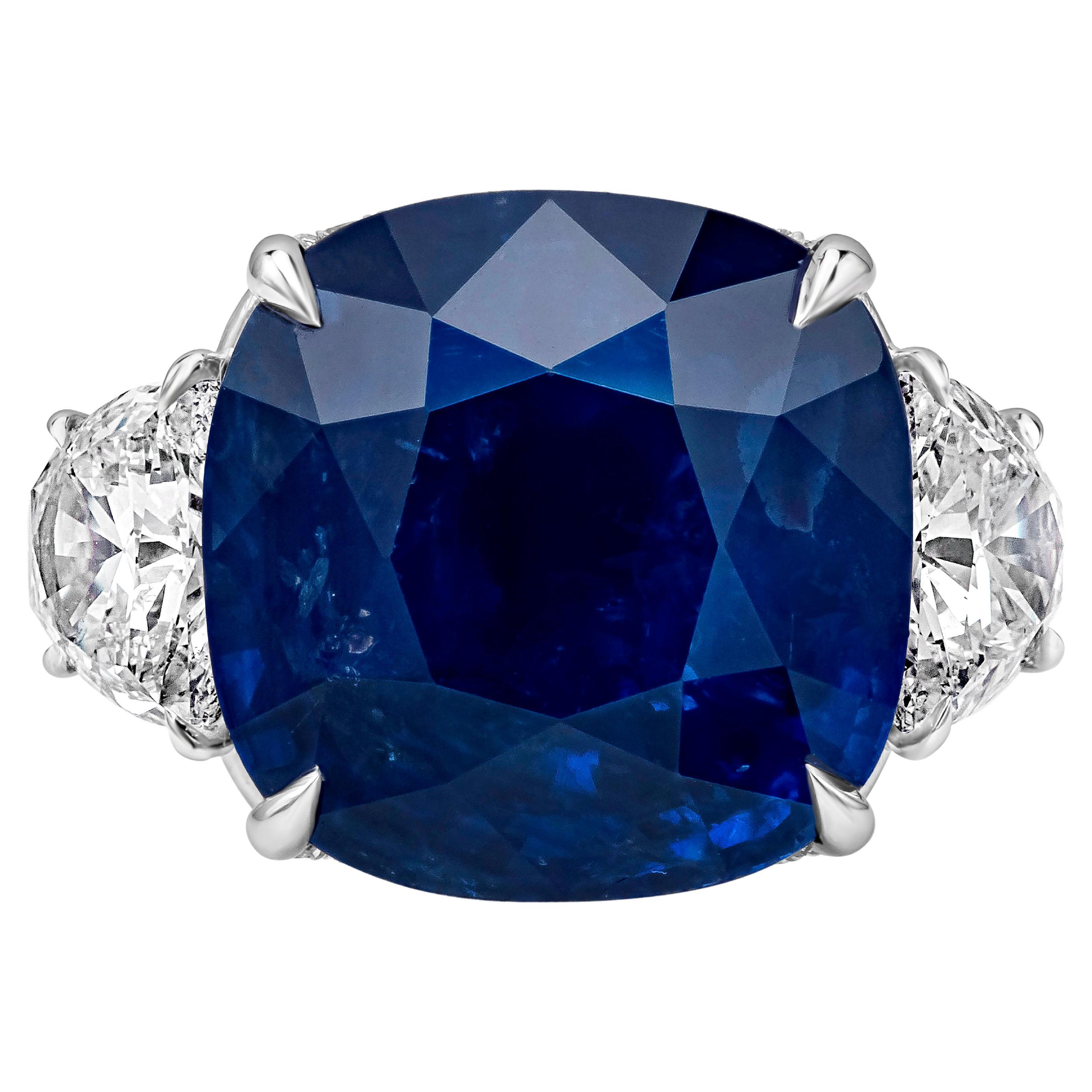 15.68 Carat Cushion Cut Ceylon Intense Blue Sapphire Three-Stone Engagement Ring For Sale