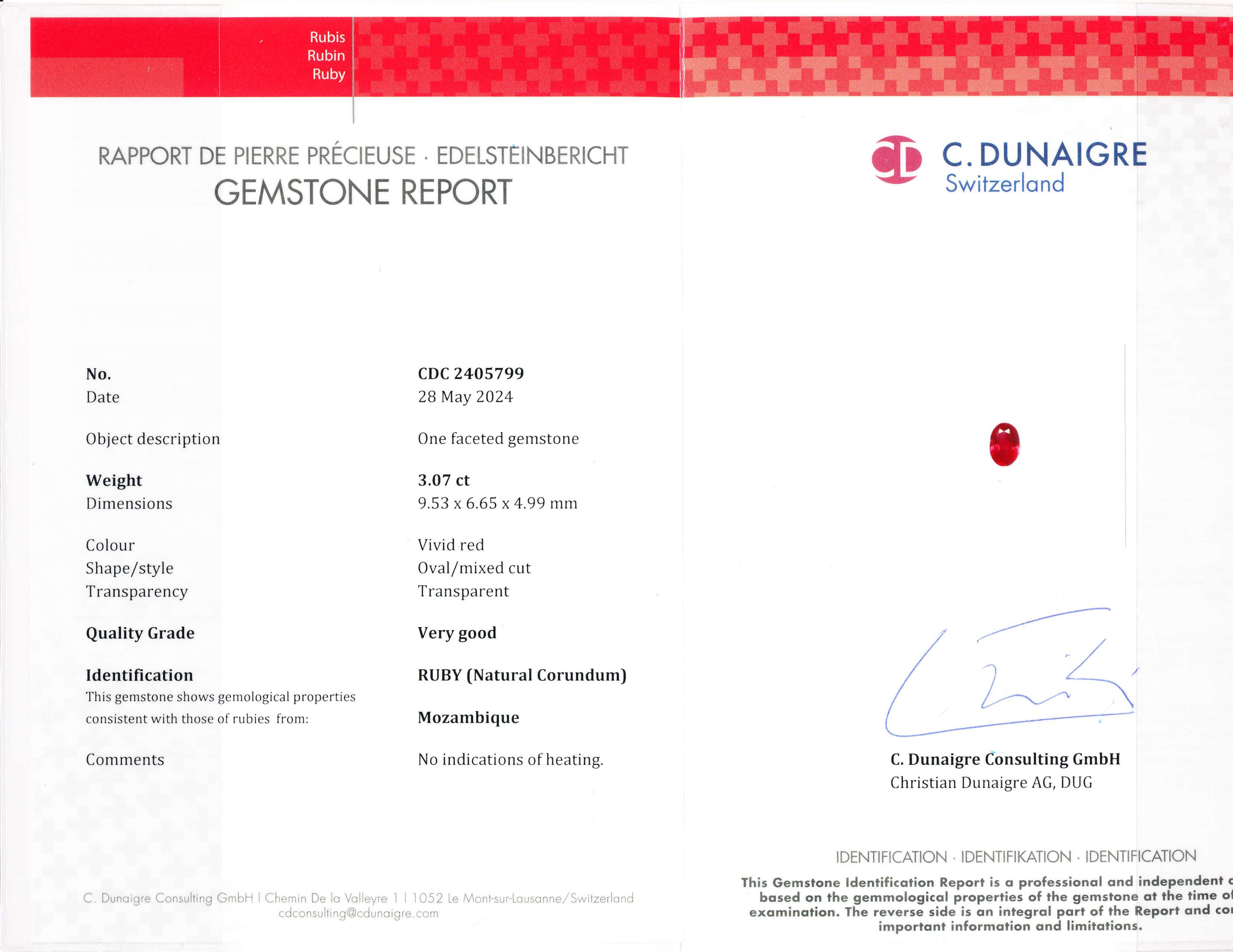 C. Dunaigre Certified 3 Carat No Heat VIVID RED Mozambique Ruby Ring Unisexe en vente