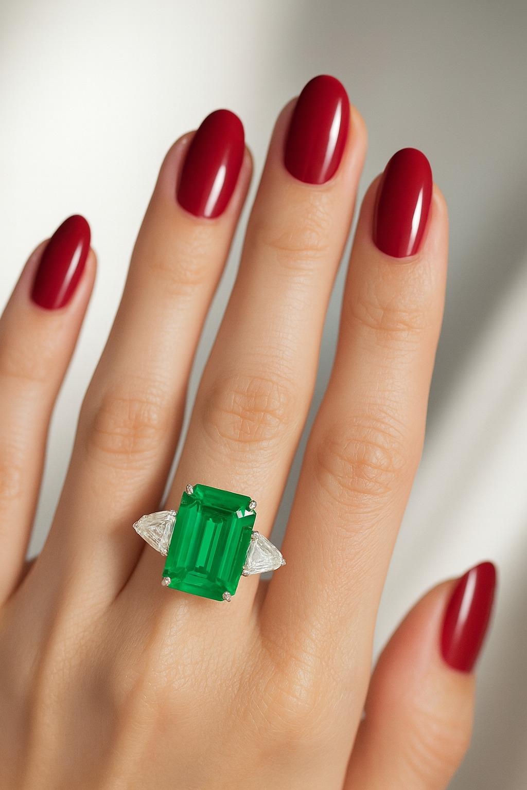 C. Dunaigre Certified 4.52 Carat Colombian Emerald Platinum Ring with Trillion Diamonds

Description:
A spectacular platinum ring showcasing a vivid green Colombian emerald weighing 4.52 carats, certified by C. Dunaigre, Switzerland. The emerald is