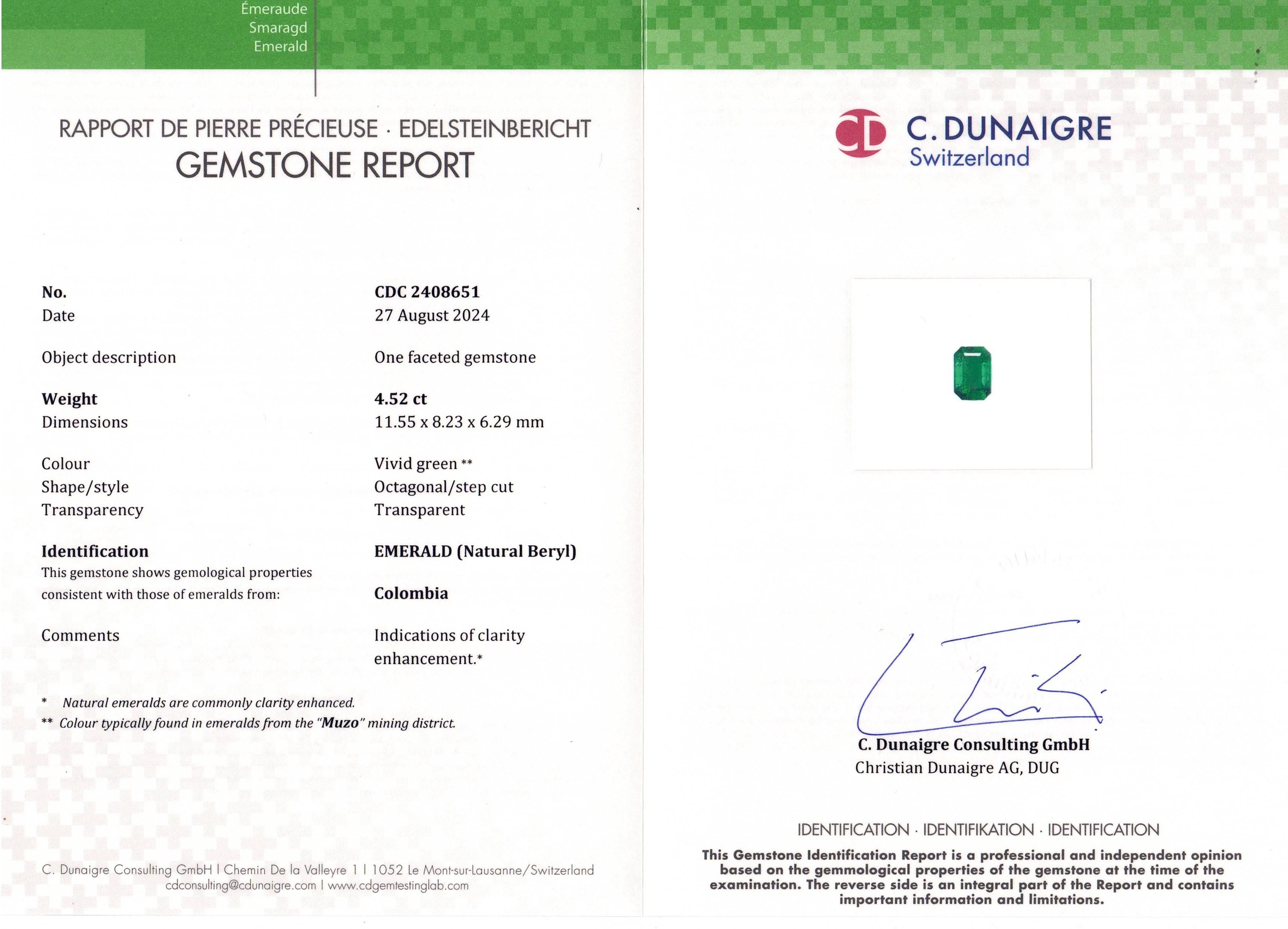 C. Dunaigre Certified 4.52 Carat Colombian Emerald Platinum Ring In New Condition For Sale In Chicago, IL
