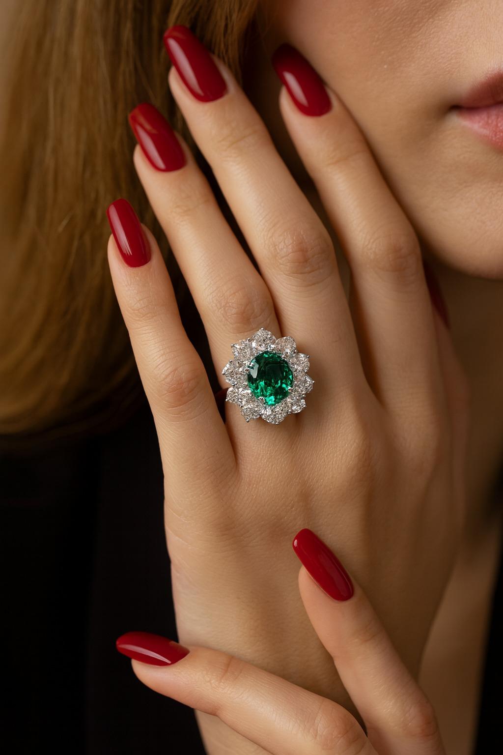 C. Dunaigre Zertifizierter 4,96 Karat Kolumbianischer Smaragd und Diamant Platin Cocktail Ring

Ein außergewöhnliches Juwel mit einem leuchtend grünen kolumbianischen Smaragd von 4,96 Karat, zertifiziert von C. Dunaigre, Schweiz. Der Edelstein ist
