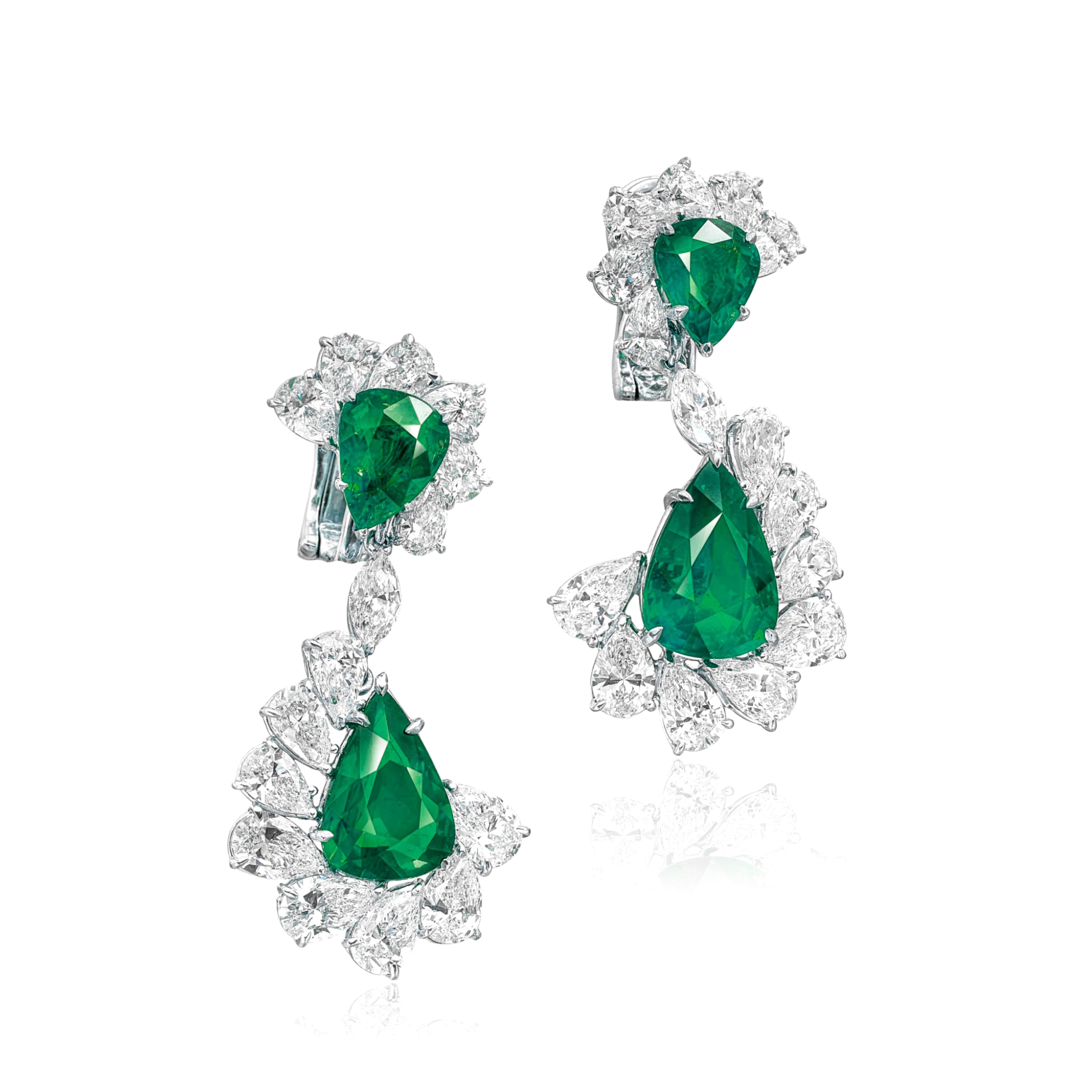 Emerald Cut C. Dunaigre Certified 8 Pear Cut Emeralds Diamond Earrings For Sale