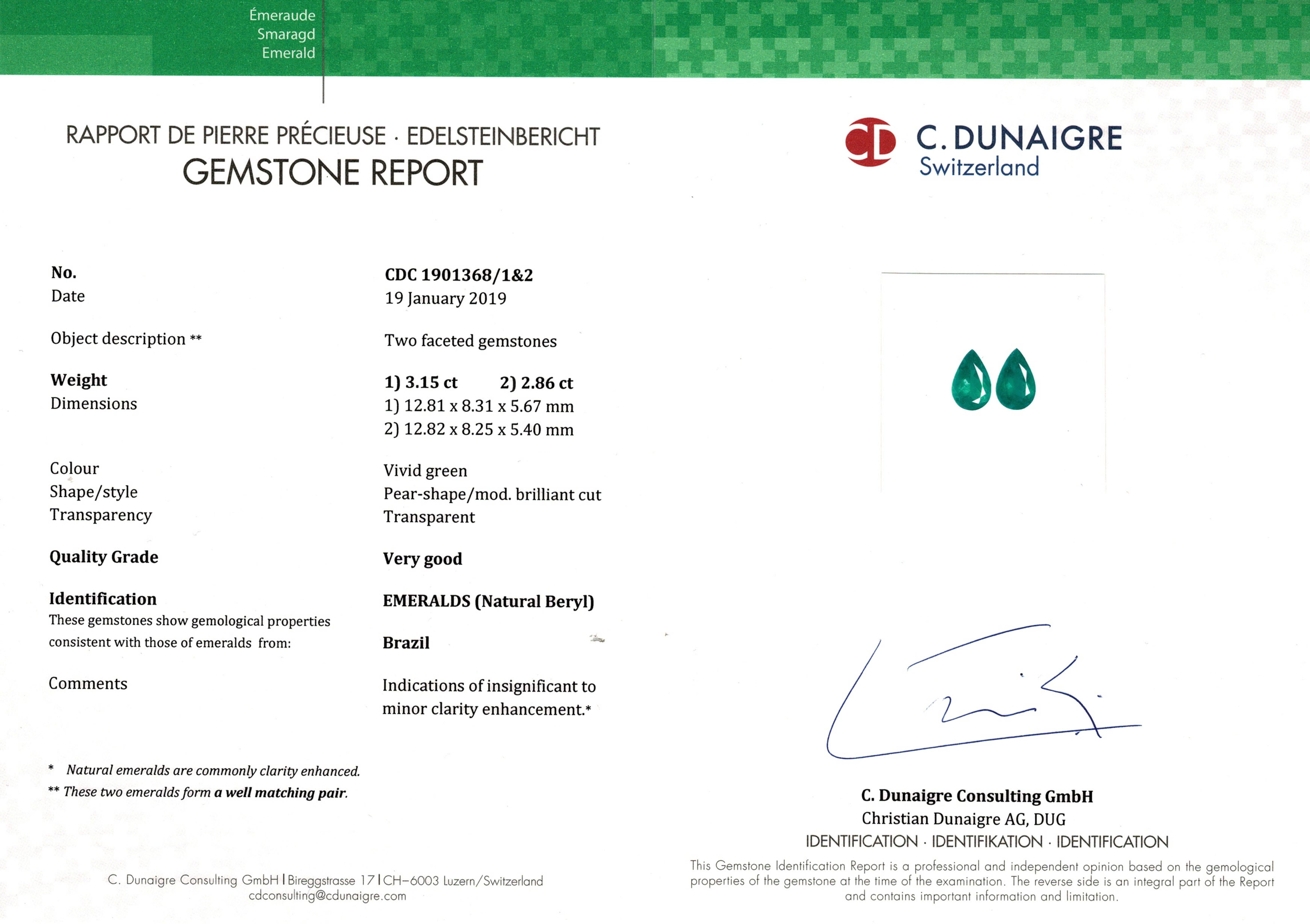 C. Dunaigre Certified 8 Pear Cut Emeralds Diamond Earrings In New Condition For Sale In Chicago, IL