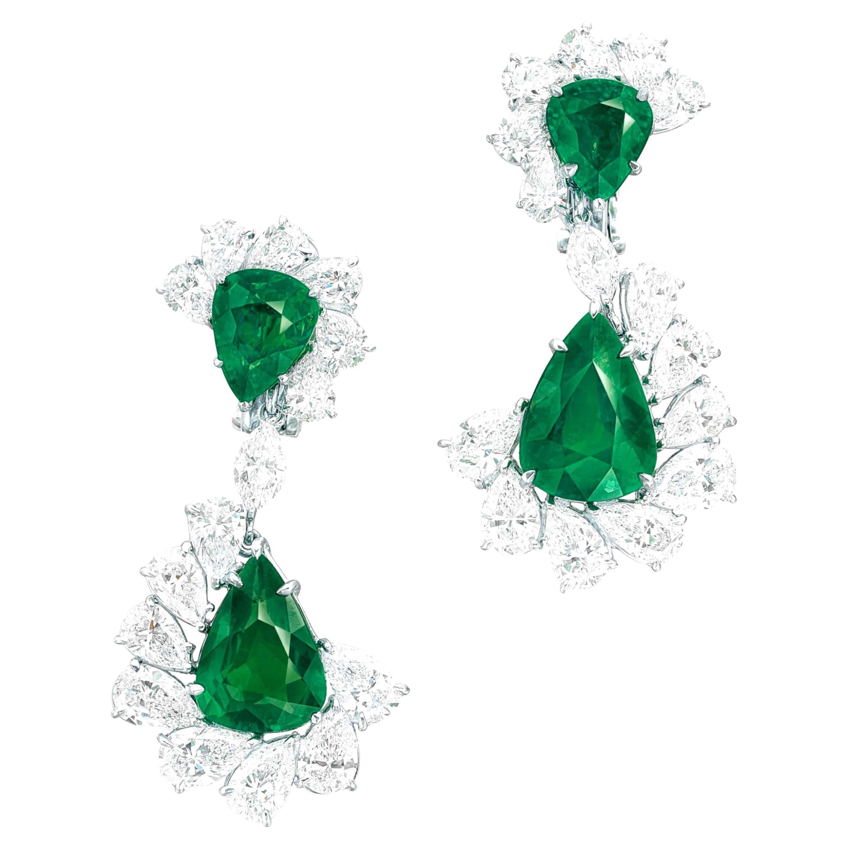 C. Dunaigre Certified 8 Pear Cut Emeralds Diamond Earrings