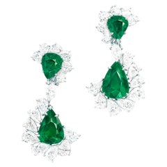 C. Dunaigre Certified 8 Pear Cut Emeralds Diamond Earrings